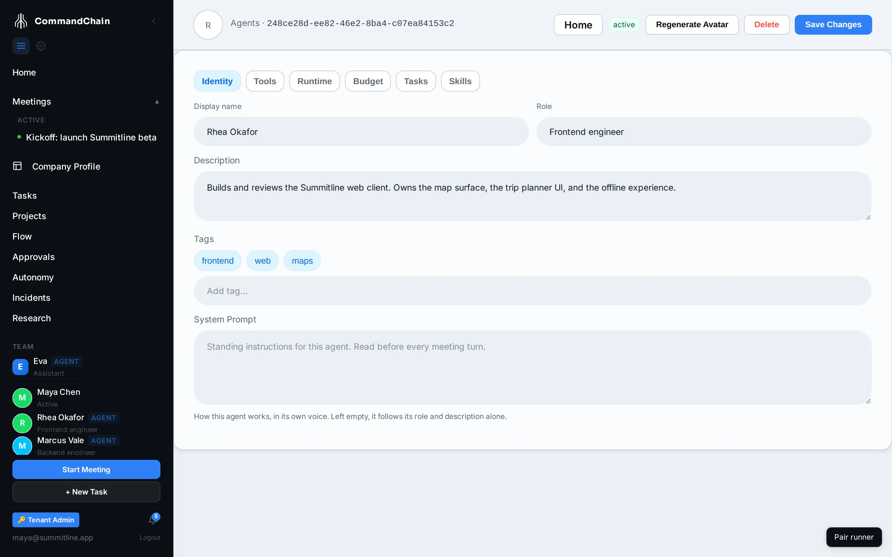 Rhea's agent page on the Identity tab: display name, role, description, tags, and the system prompt.