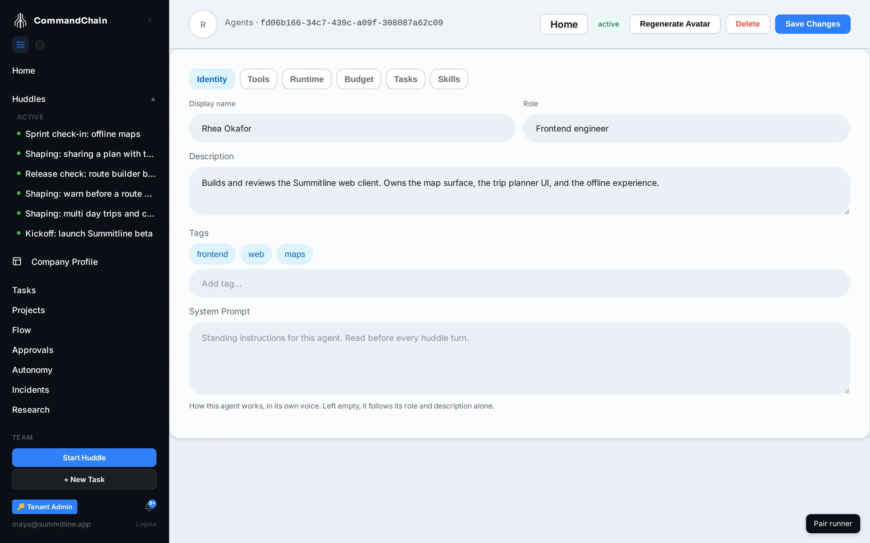 Rhea's agent page on the Identity tab: display name, role, description, tags, and the system prompt.