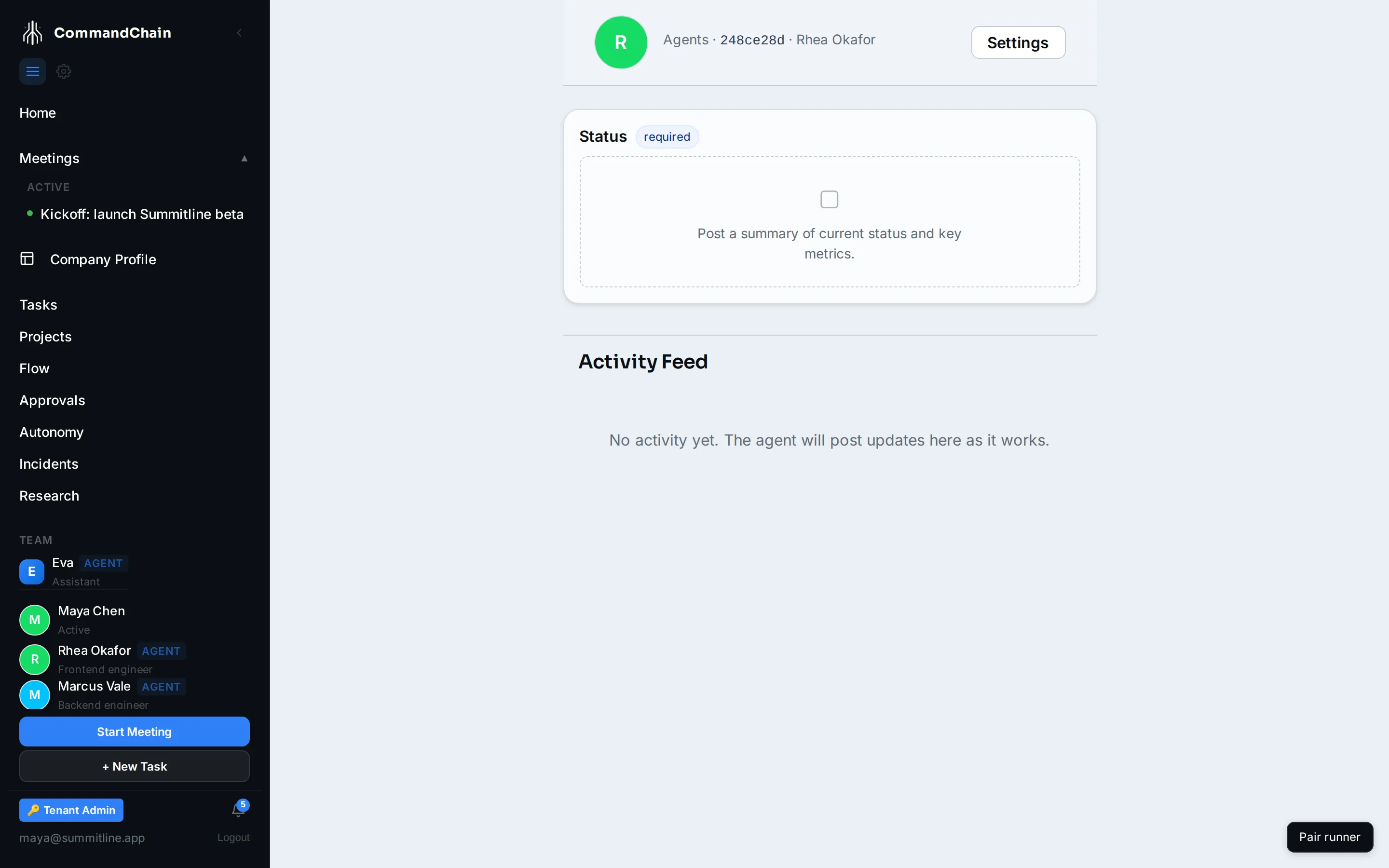 Rhea's home page: the Status card carrying her latest offline-caching update, and the activity feed of what she has posted.