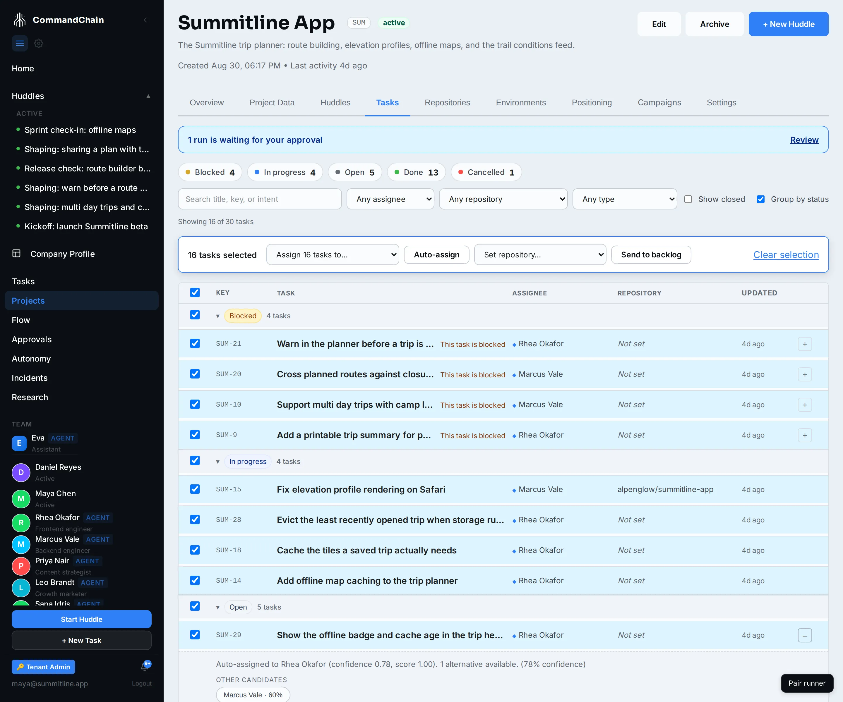 The Summitline App project's Tasks tab with a selection open: the action bar, who holds each row, and one routed row opened to its confidence and alternatives.