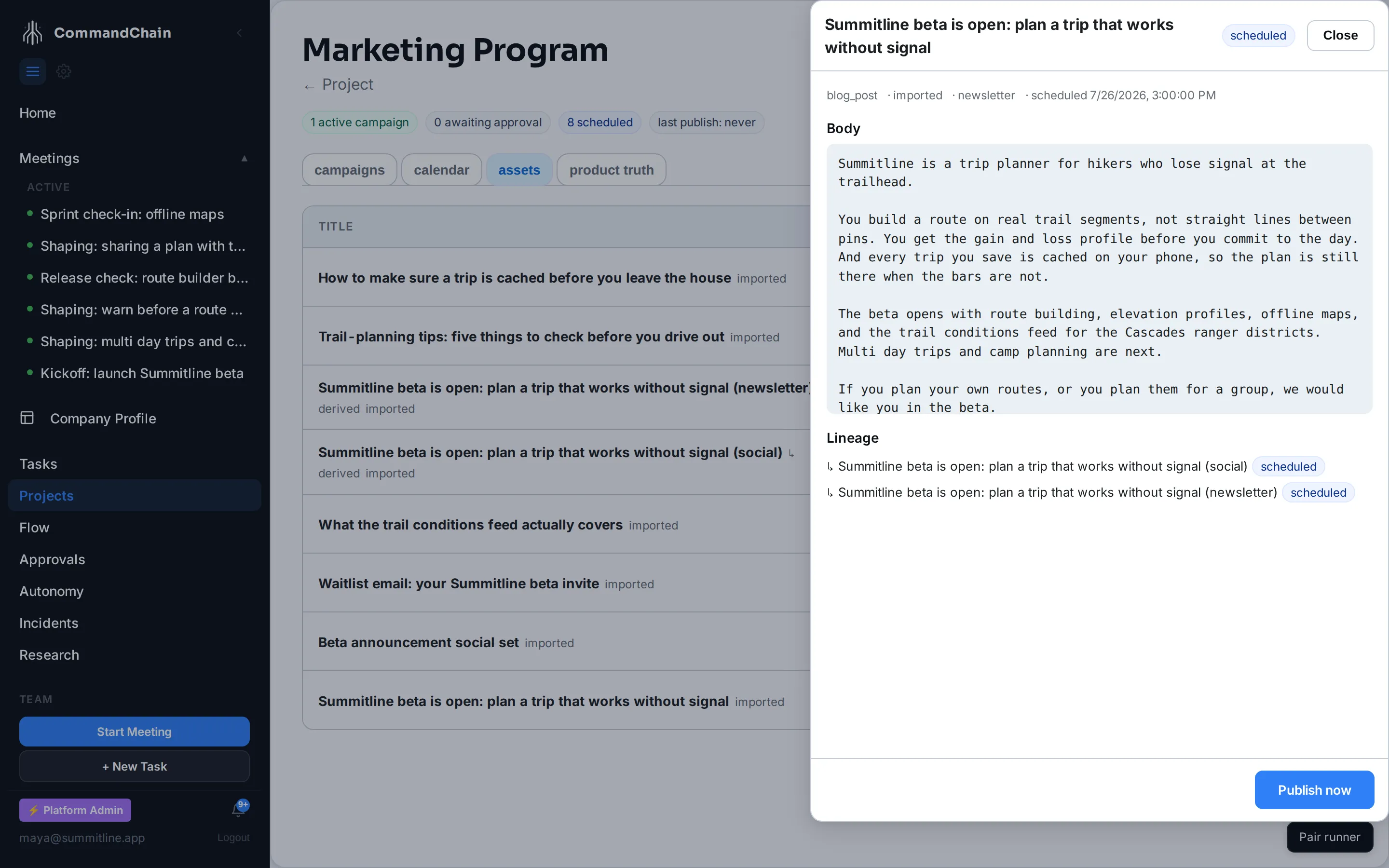 The announcement post open in the drawer, with the social and newsletter variants derived from it listed under Lineage, both now scheduled.