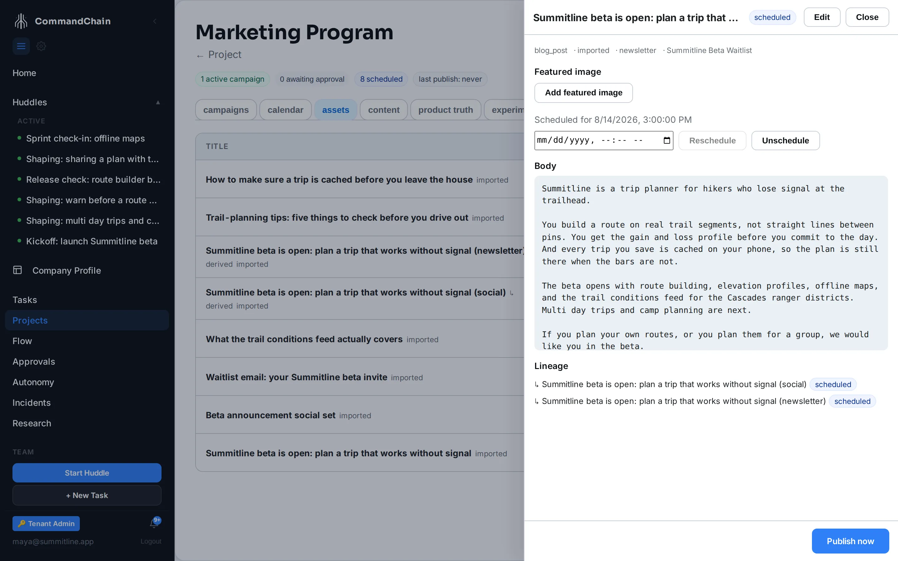 The announcement post open in the drawer, with the social and newsletter variants derived from it listed under Lineage, both now scheduled.