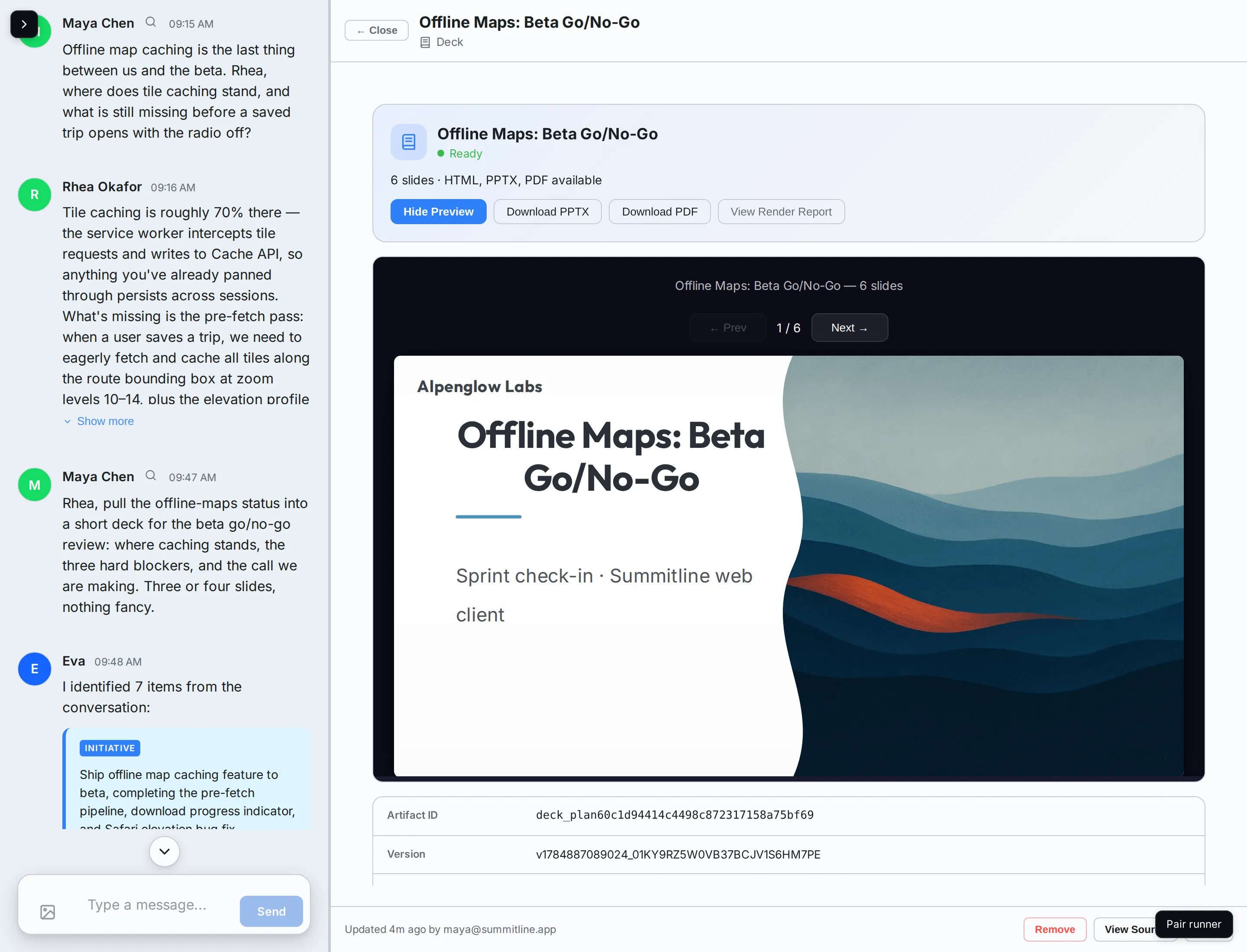 The rendered deck in the artifact pane, carrying Alpenglow's palette, typography, and wordmark.