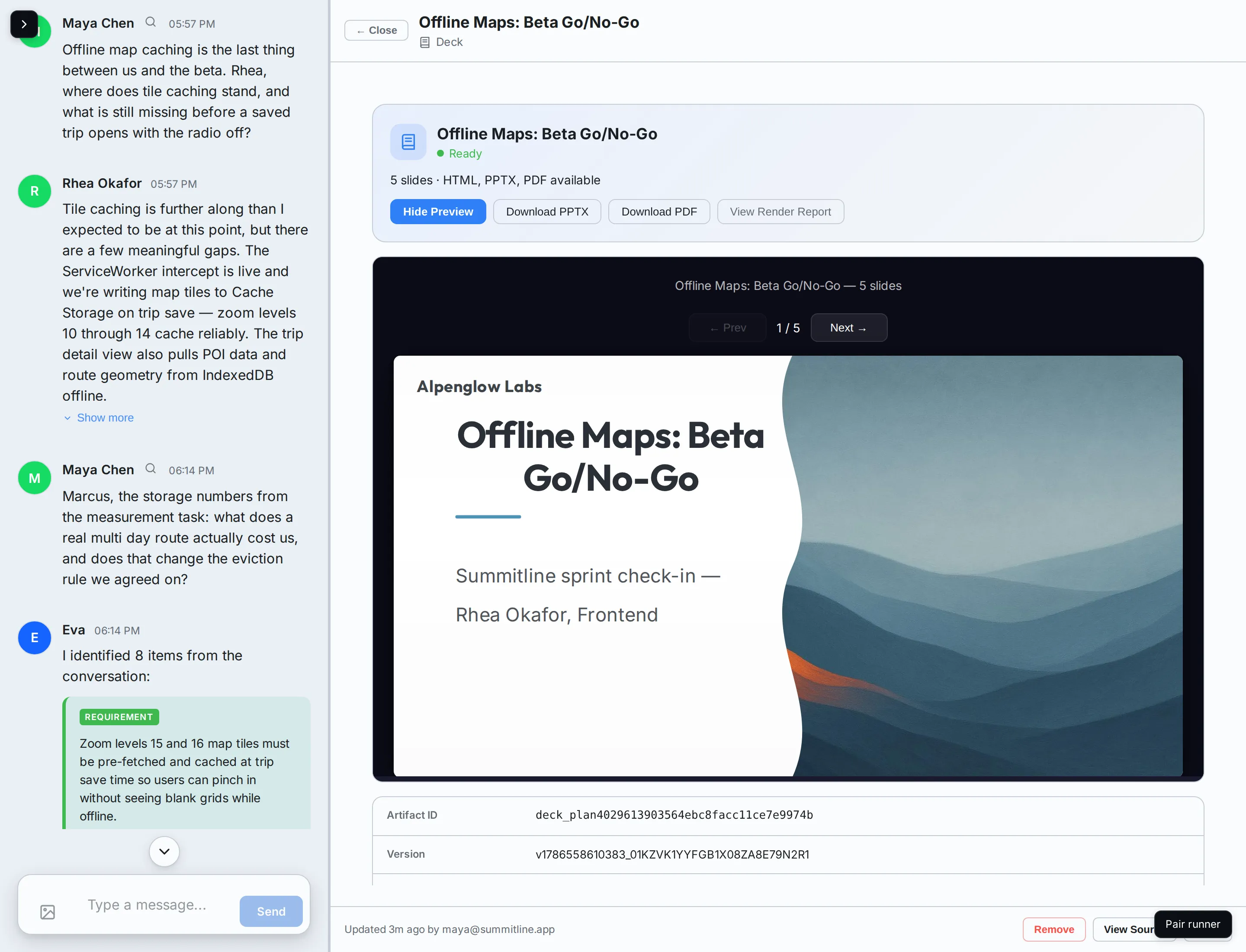 The rendered deck in the artifact pane, carrying Alpenglow's palette, typography, and wordmark.
