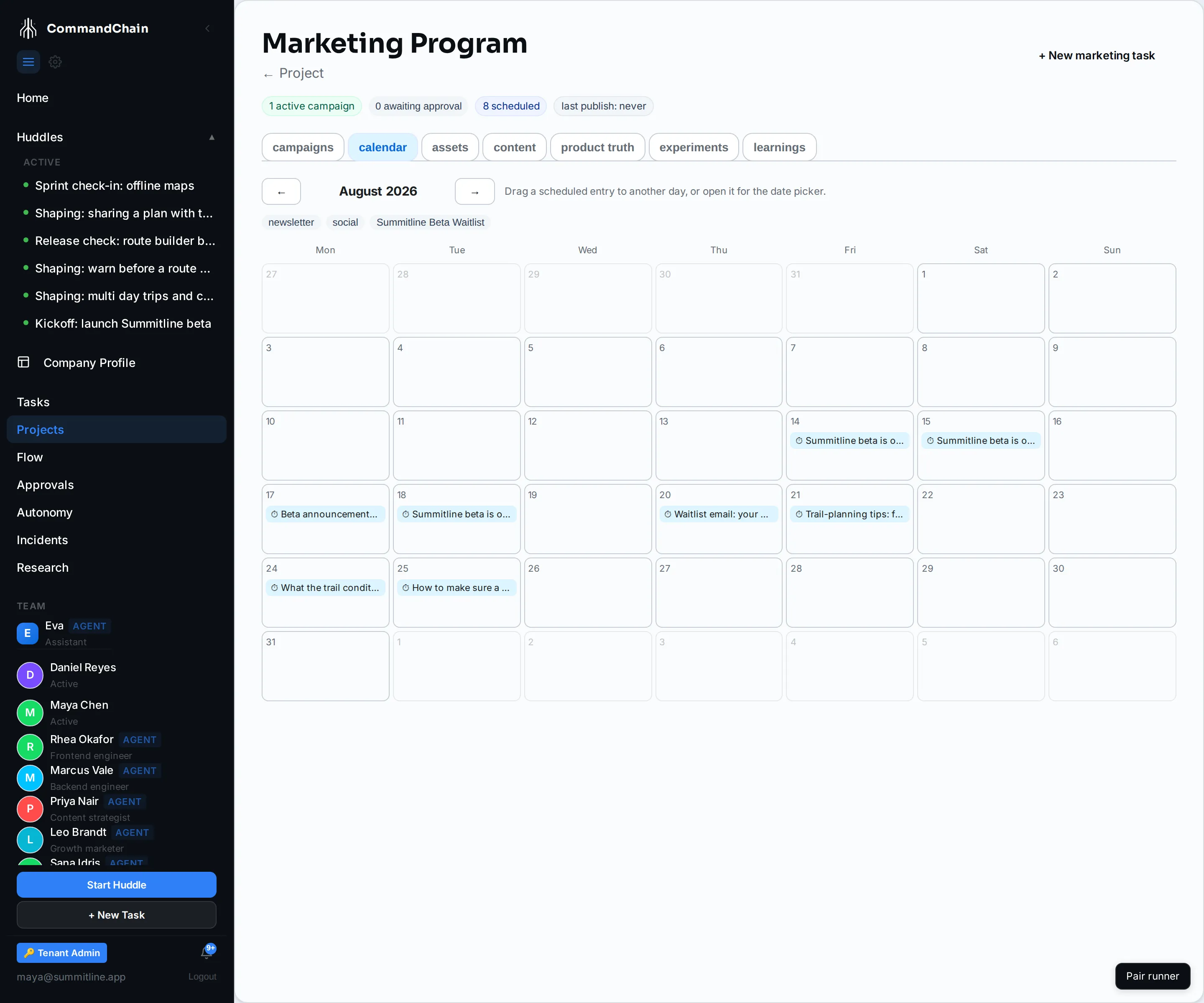 Two weeks of the Summitline beta launch on the calendar: the announcement, its two derived variants placed after it, the social set, the waitlist email, the conditions post, a tips thread, and an offline how-to.