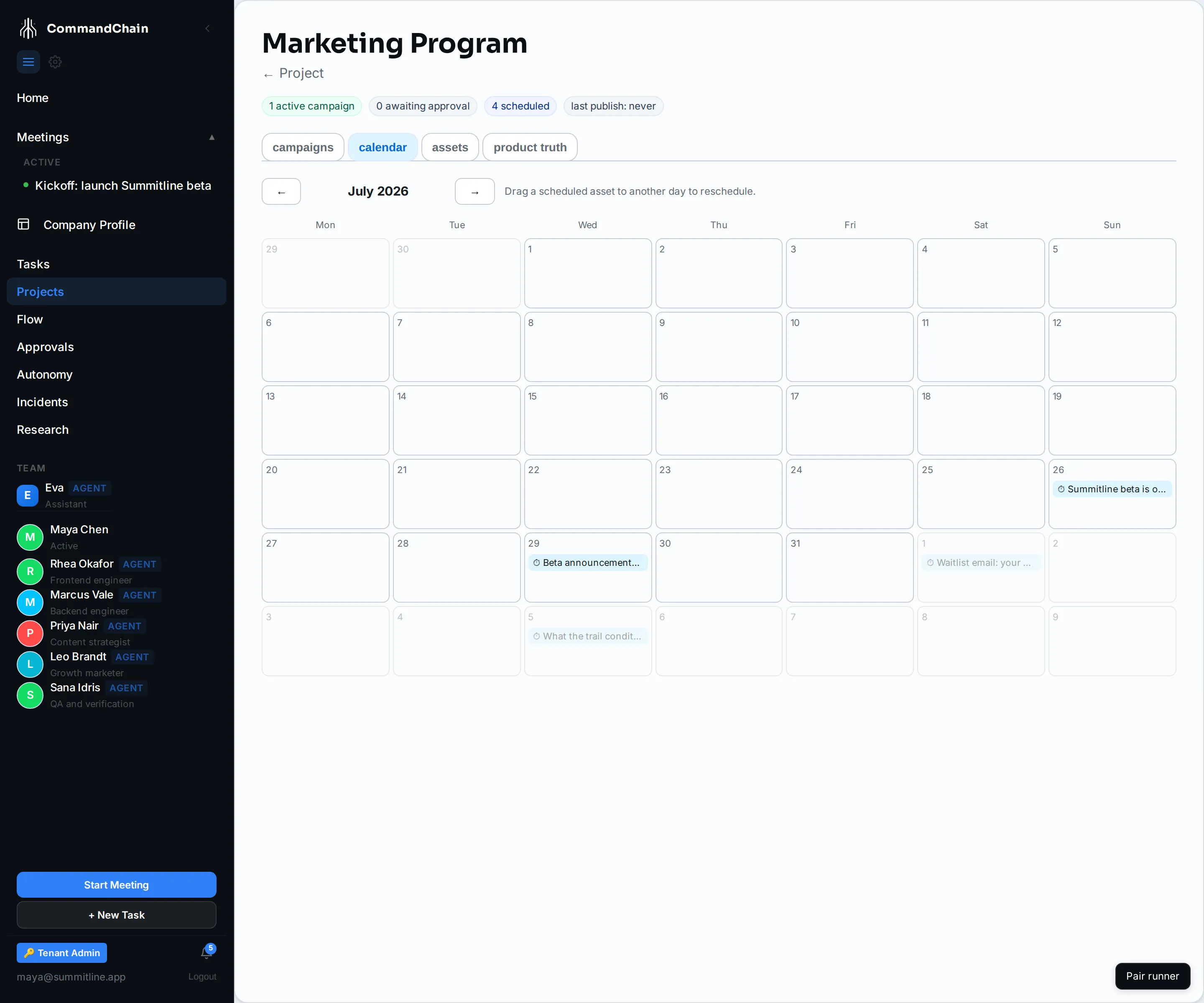 Two weeks of the Summitline beta launch on the calendar: the announcement, its two derived variants placed after it, the social set, the waitlist email, the conditions post, a tips thread, and an offline how-to.