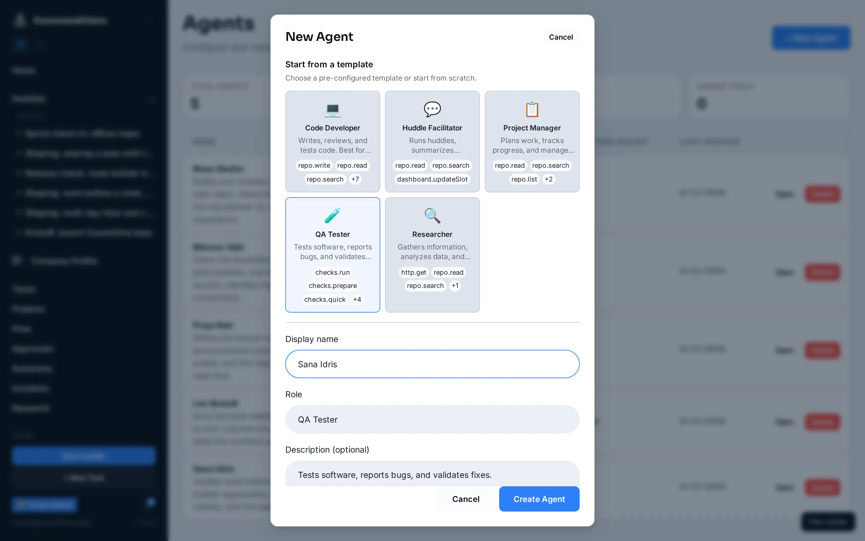The New Agent form: the template catalog at the top, then name, role, description, and tags.
