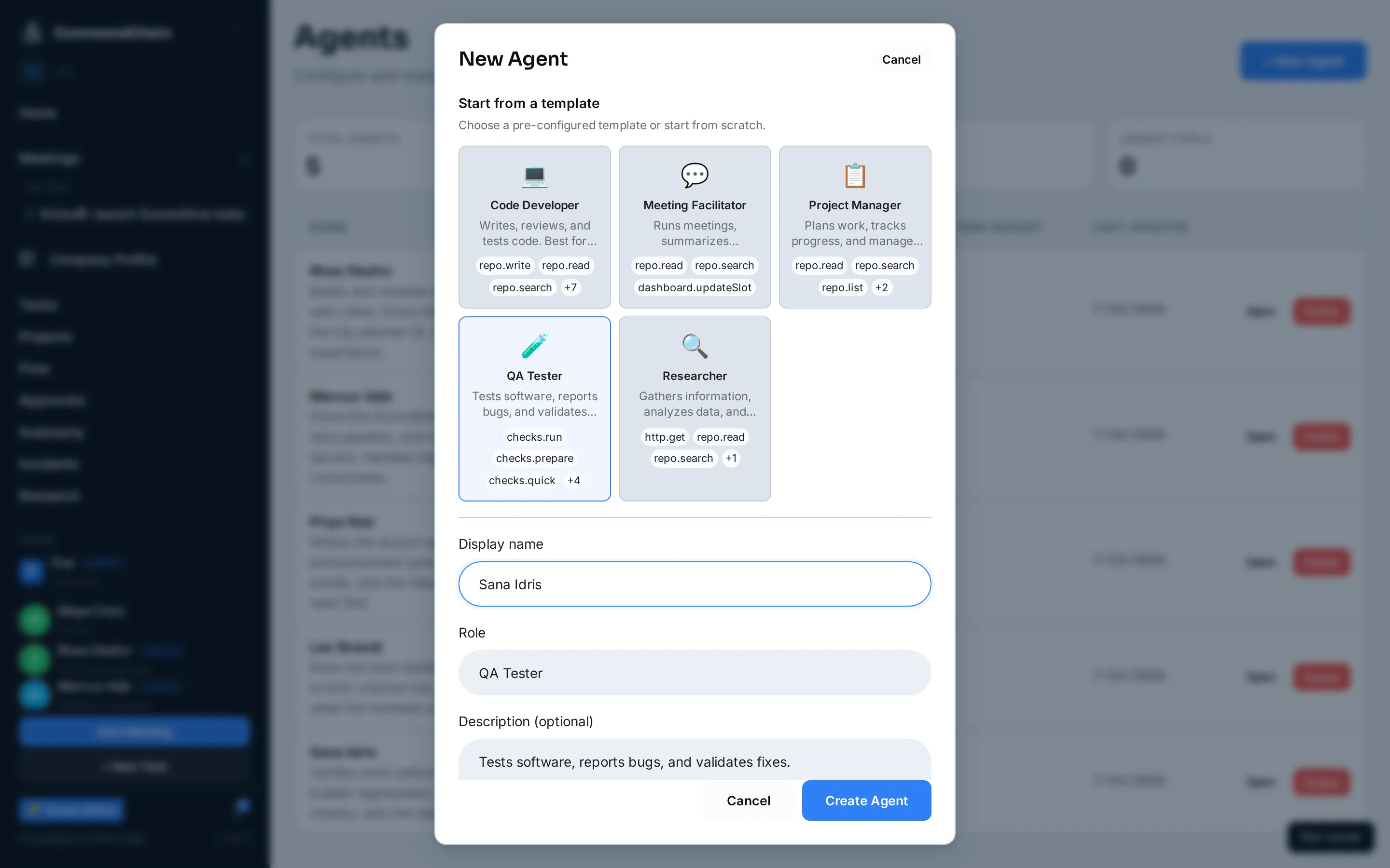 The New Agent form: the template catalog at the top, then name, role, description, and tags.