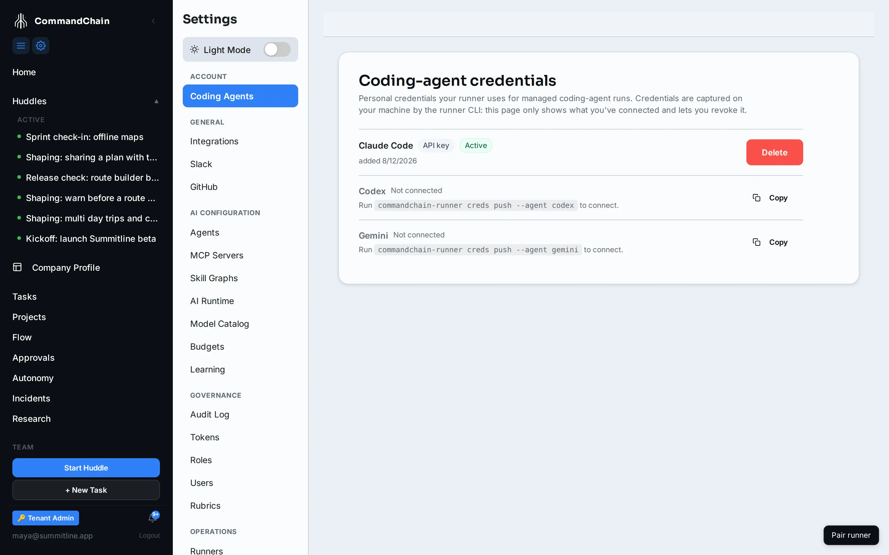 The Coding Agents settings page, showing a connected Claude Code credential and the command to connect the other two.