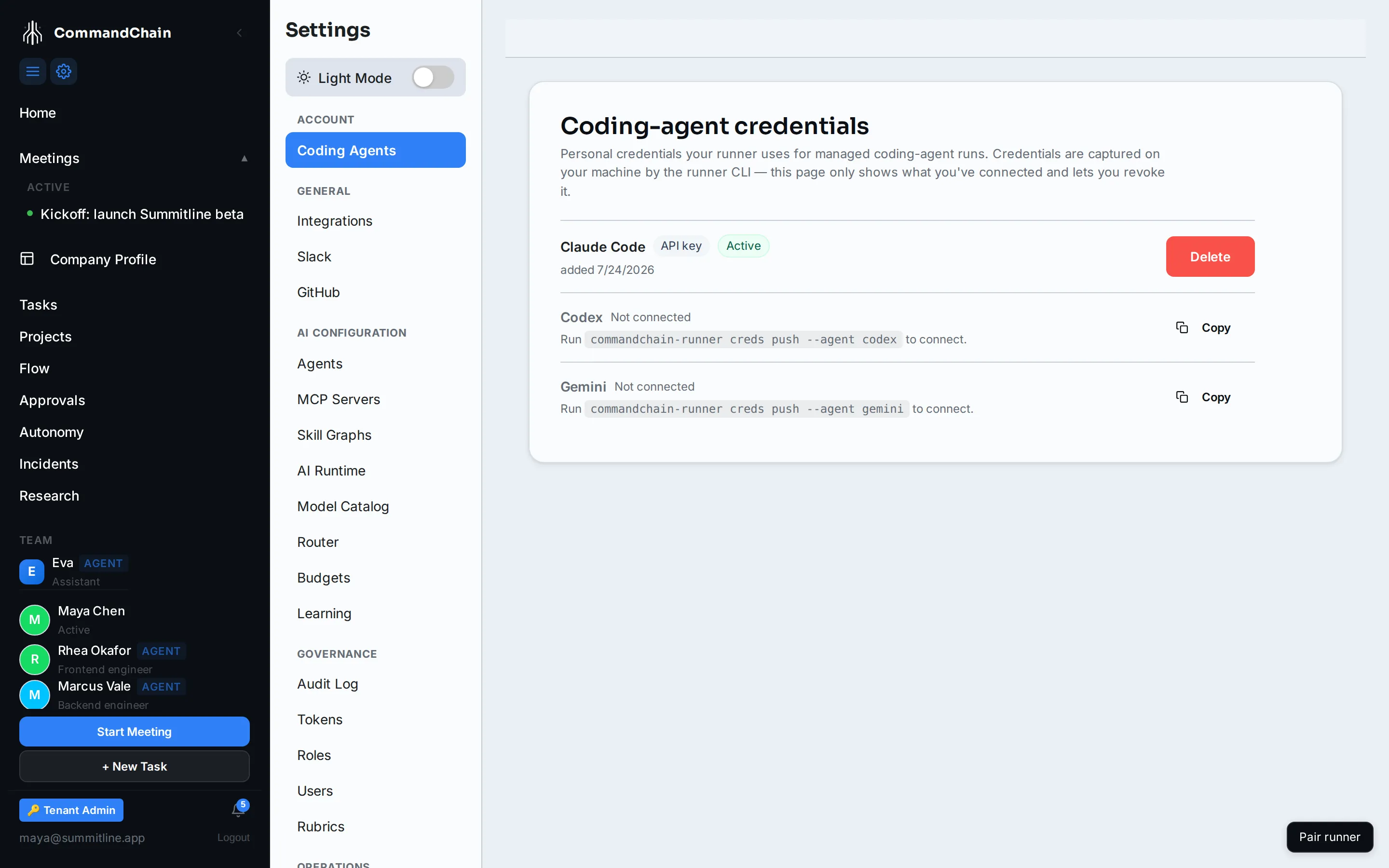 The Coding Agents settings page, with a Claude Code credential connected and Codex and Gemini not connected.