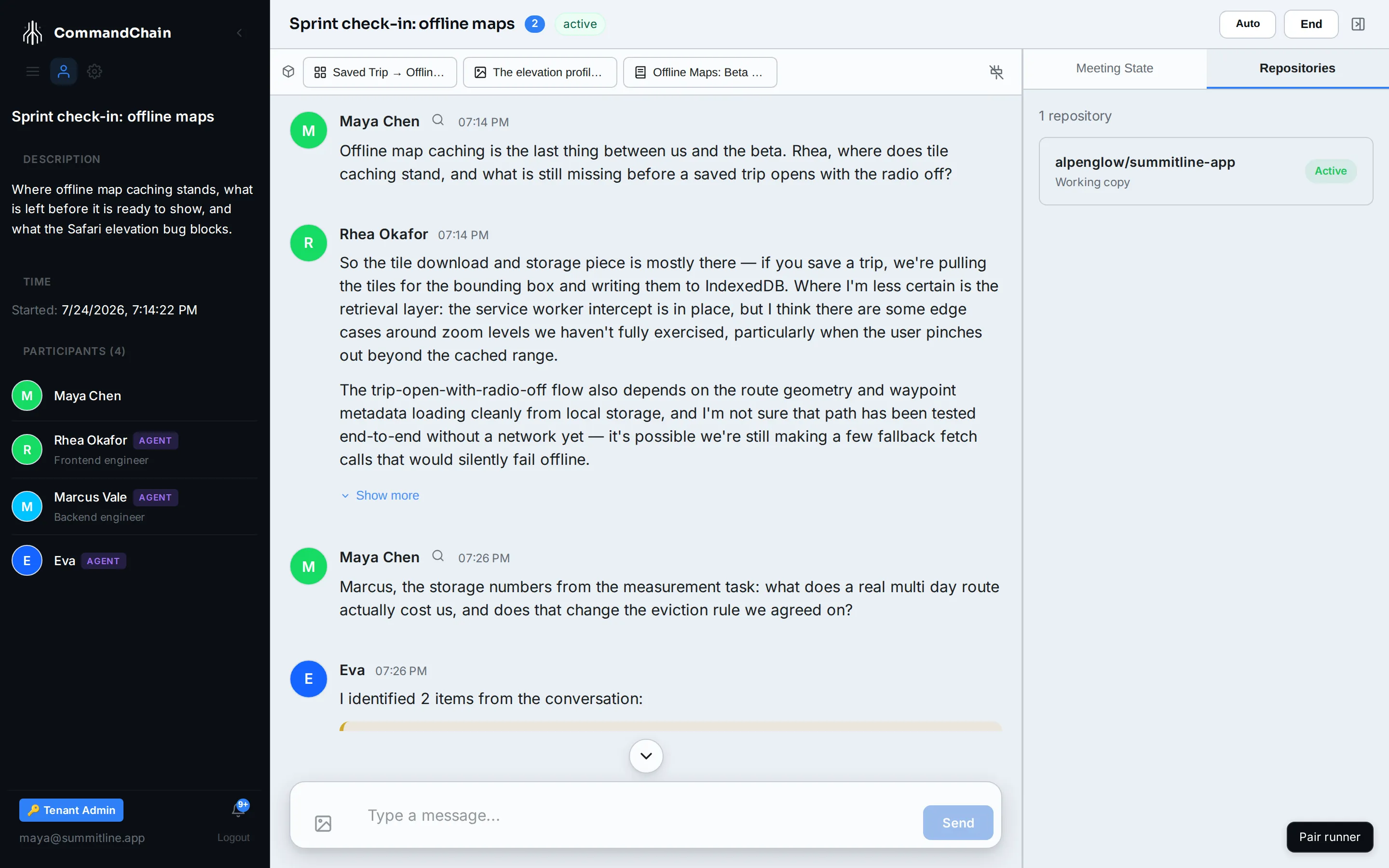 The sprint check-in's Repositories tab: the Summitline repository, its working copy for this meeting marked Active, and the commit Marcus's branch merged into it.