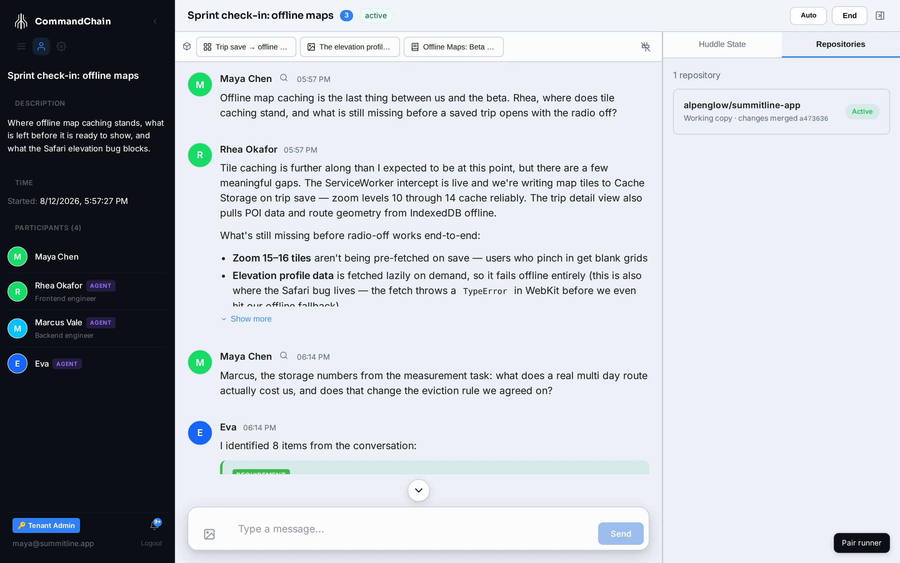 The sprint check-in's Repositories tab: the Summitline repository, its working copy for this huddle marked Active, and the commit Marcus's branch merged into it.