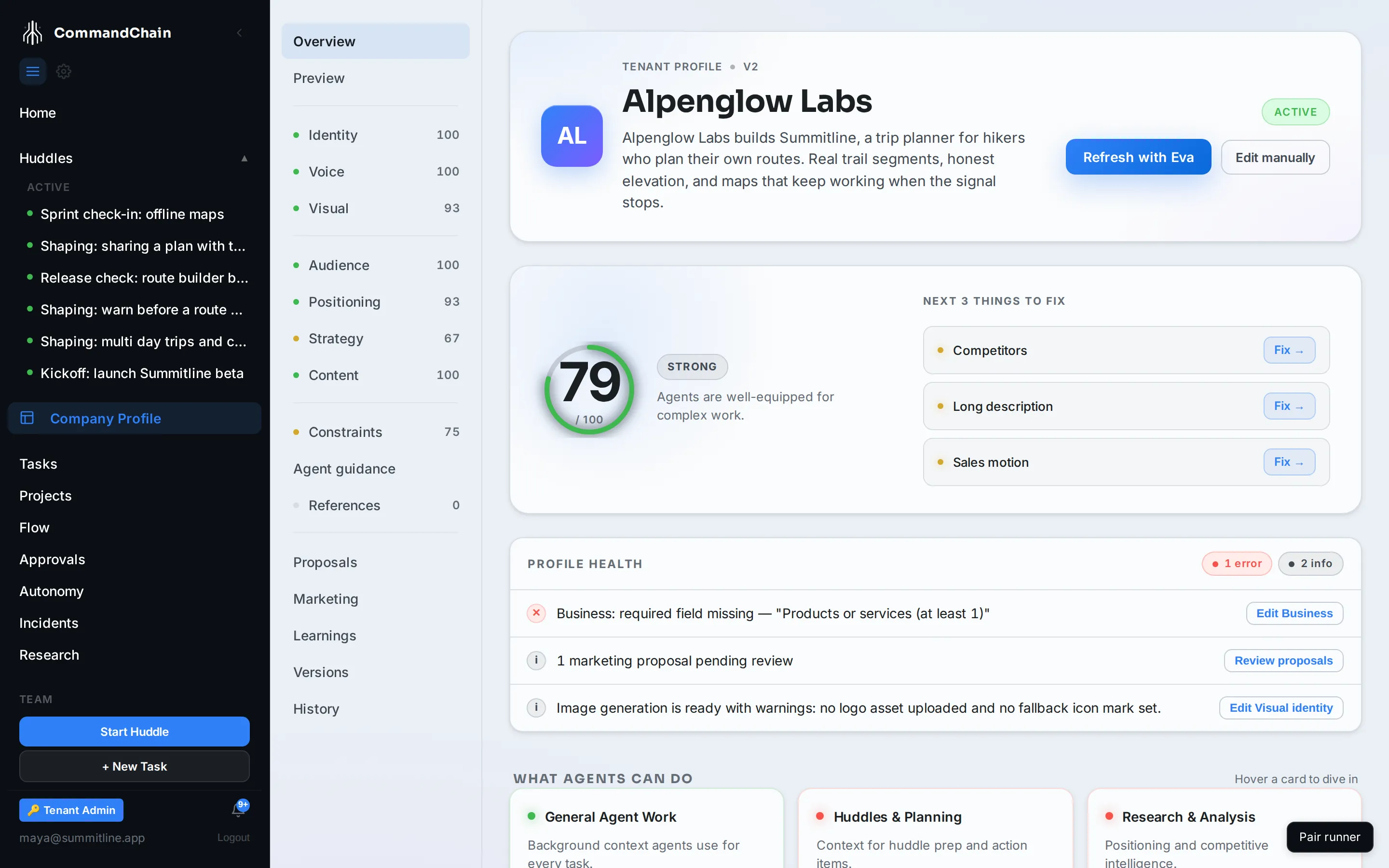 The company profile Overview tab for Alpenglow Labs, showing filled sections and their readiness.
