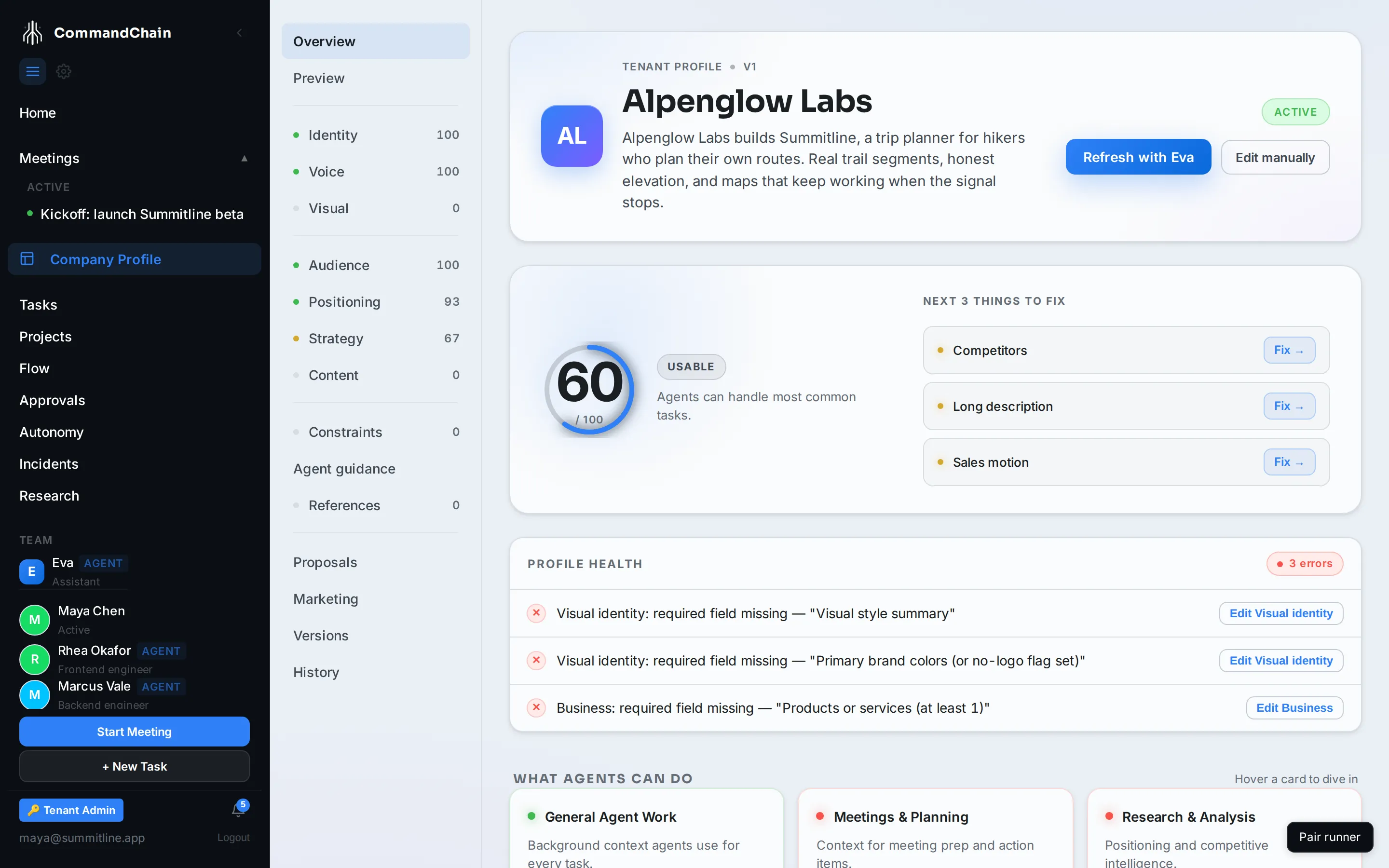 The company profile Overview tab for Alpenglow Labs, showing filled sections and their readiness.
