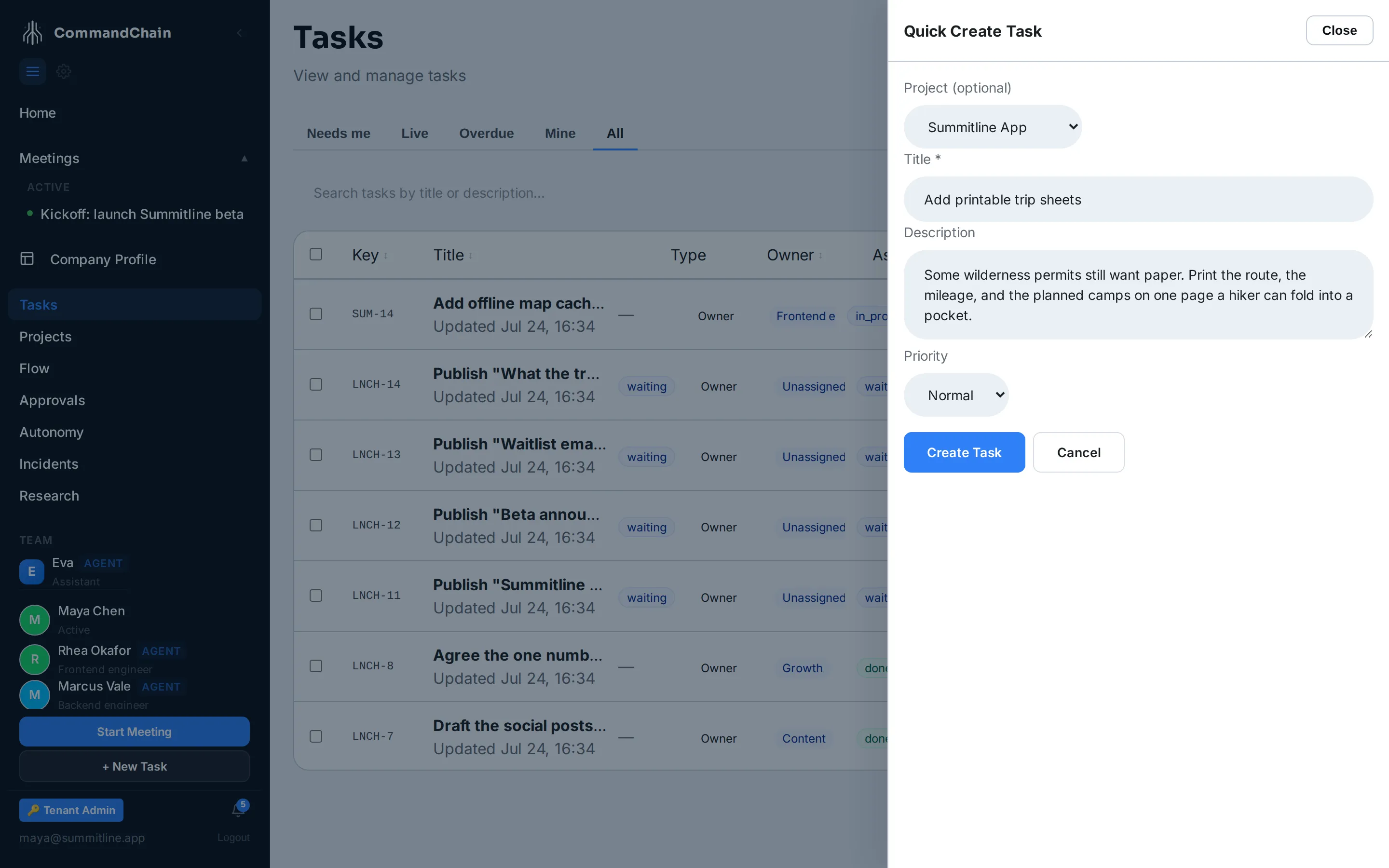 The quick-create drawer, filled in for a printable trip sheets task in the Summitline App project.
