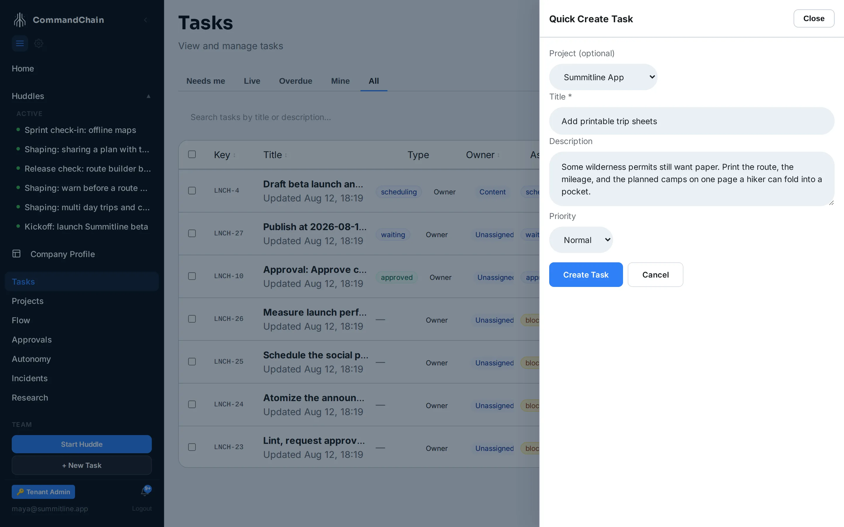 The quick-create drawer, filled in for a printable trip sheets task in the Summitline App project.