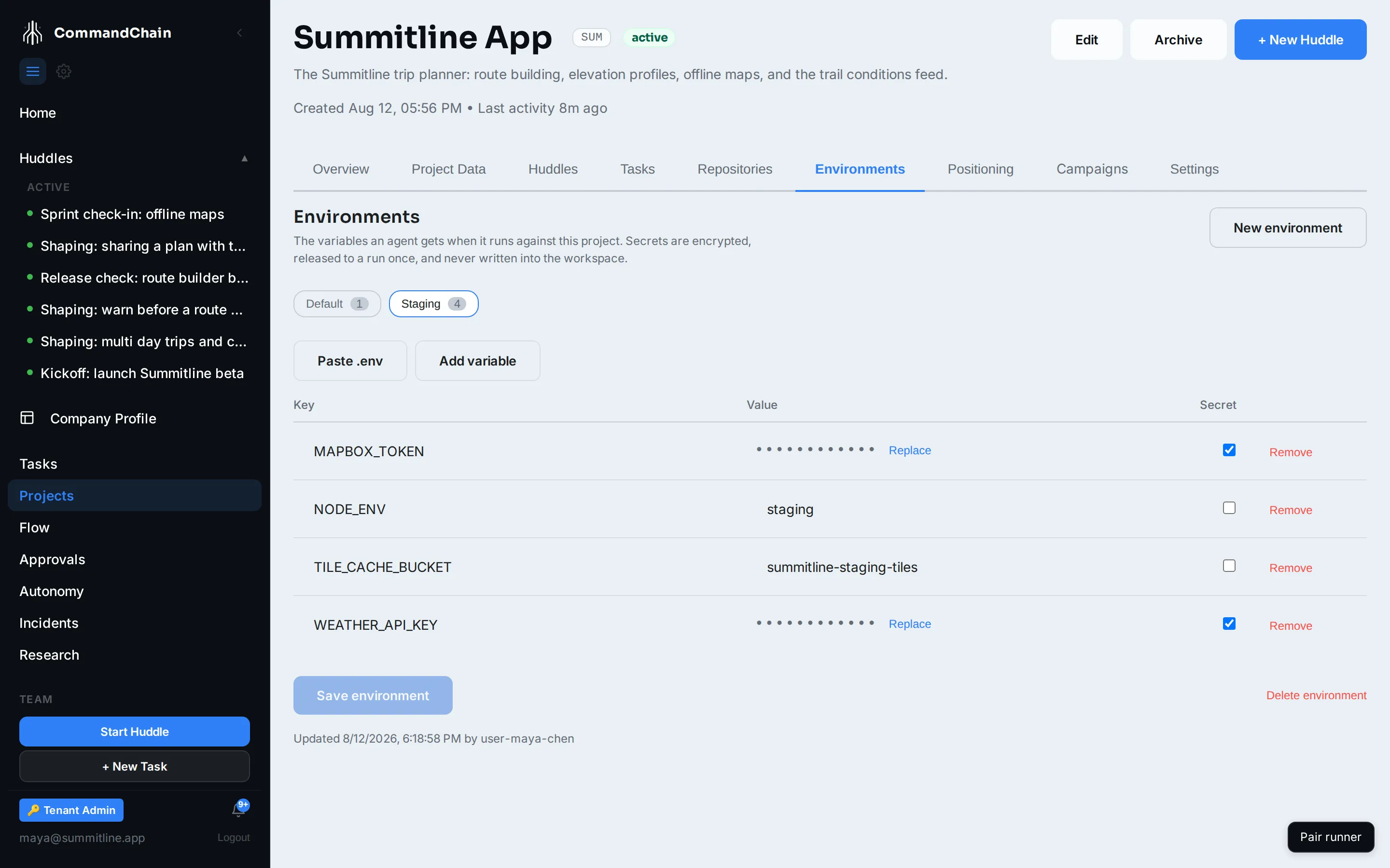 The Summitline App project's Staging environment, with two secret rows masked and two plain values shown.