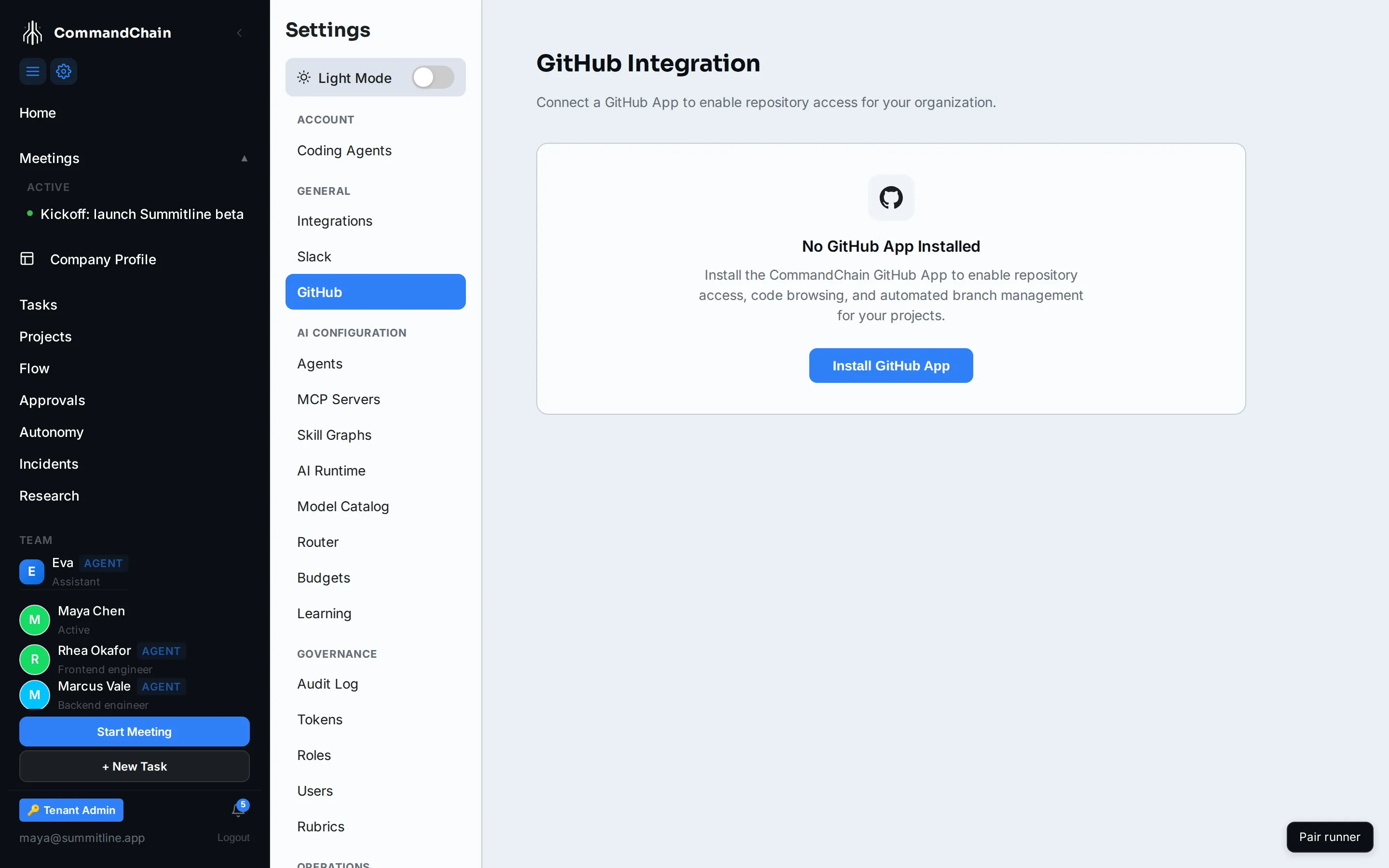 Settings, then GitHub, on a workspace with nothing connected: the empty state and its Install GitHub App button.