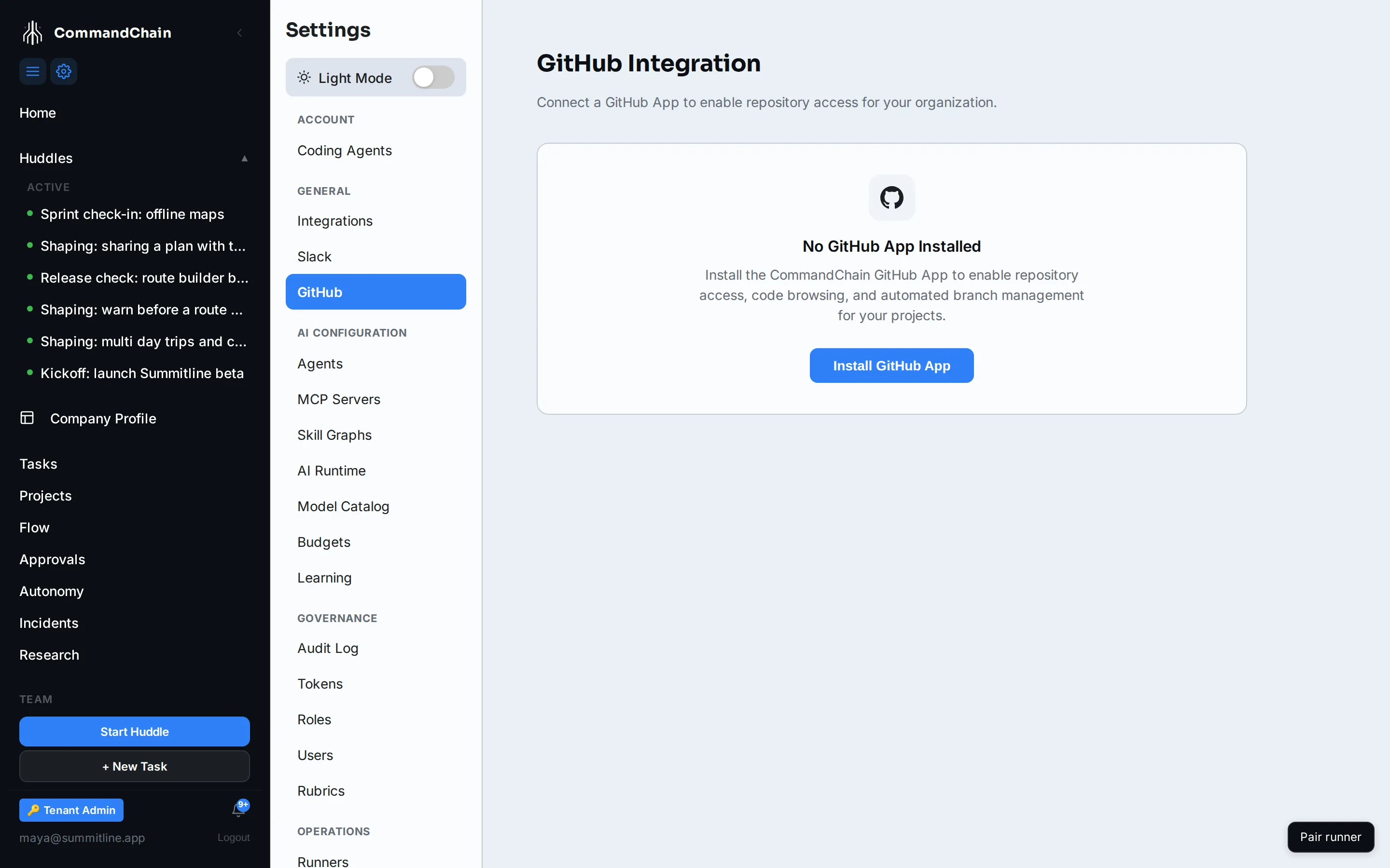 Settings, then GitHub, on a workspace with nothing connected: the empty state and its Install GitHub App button.