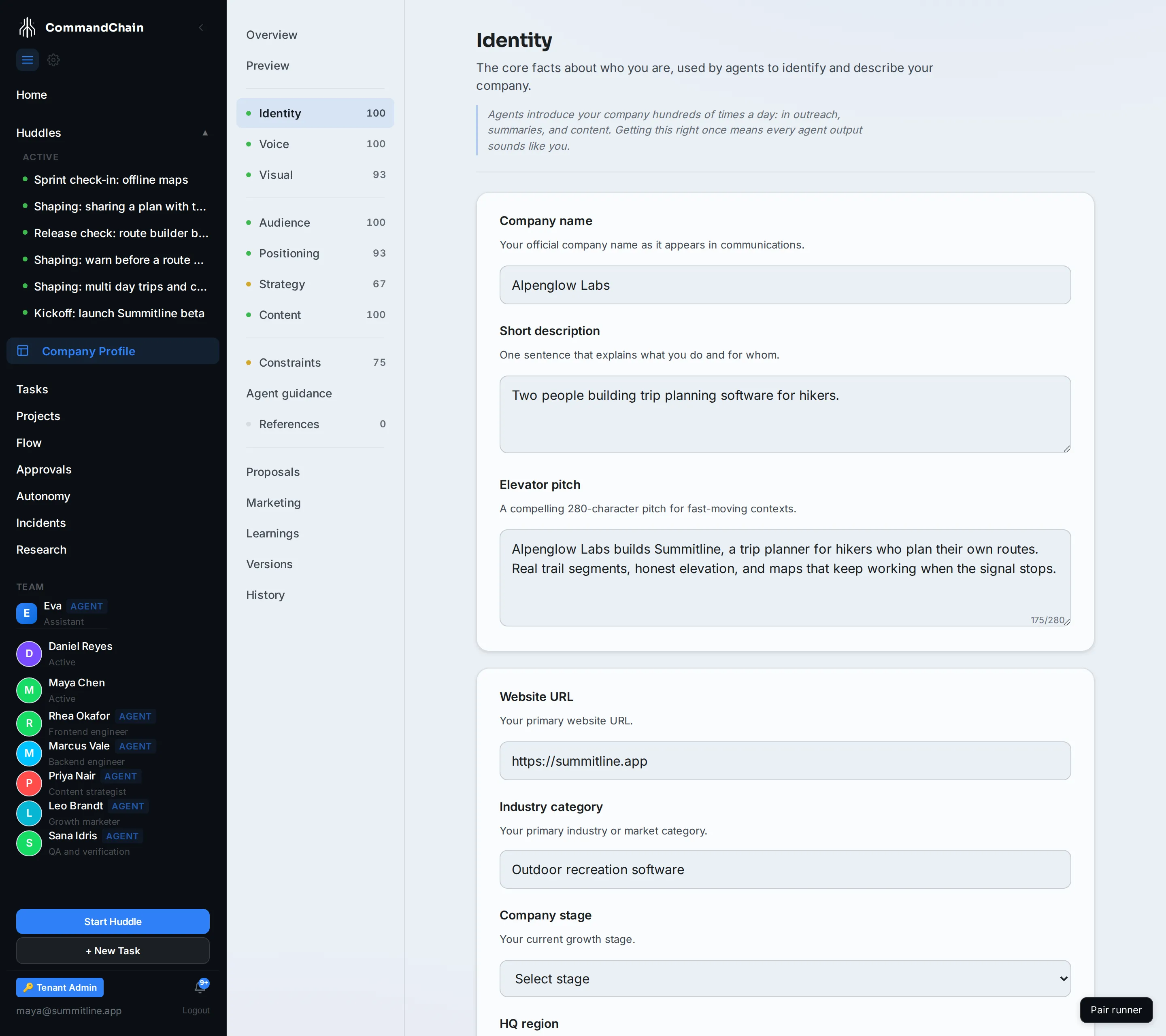 The Identity tab filled in for Alpenglow Labs.