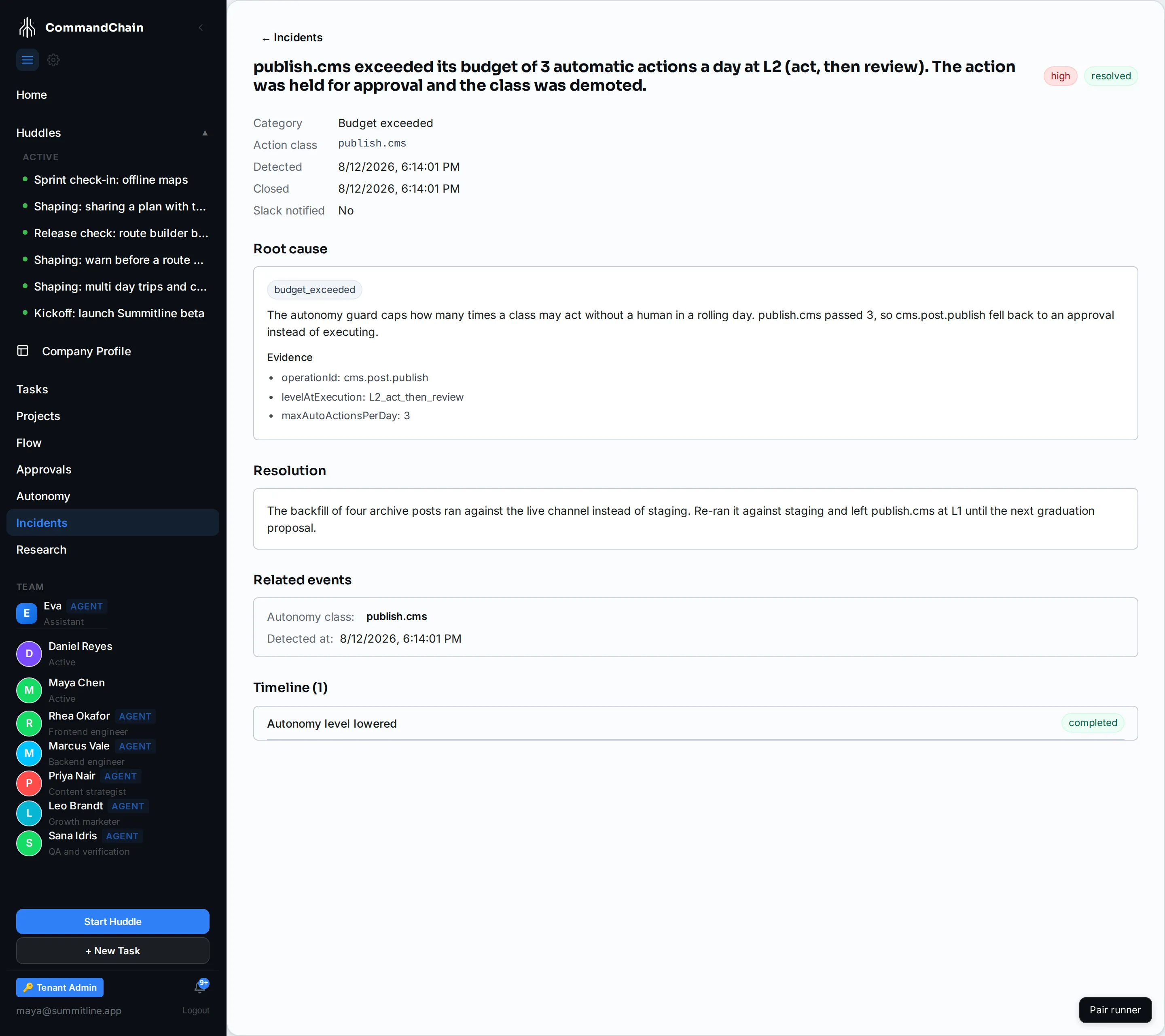 The resolved incident from Alpenglow's CMS publish backfill, with its root cause, resolution, and the demotion on its timeline.