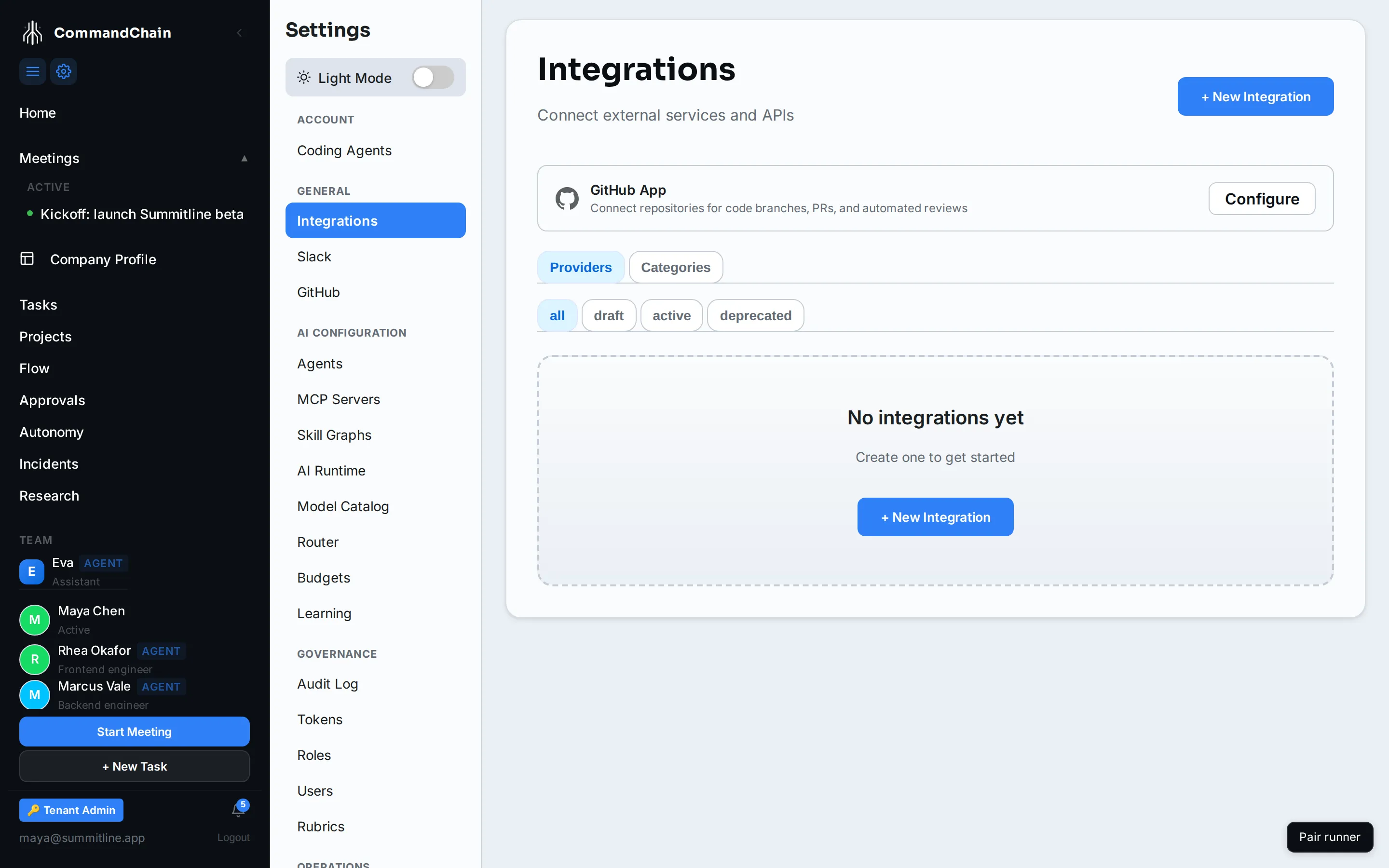 The integration registry with WordPress, Mailchimp, and Google Analytics 4, showing each one's auth type, endpoint count, and status.