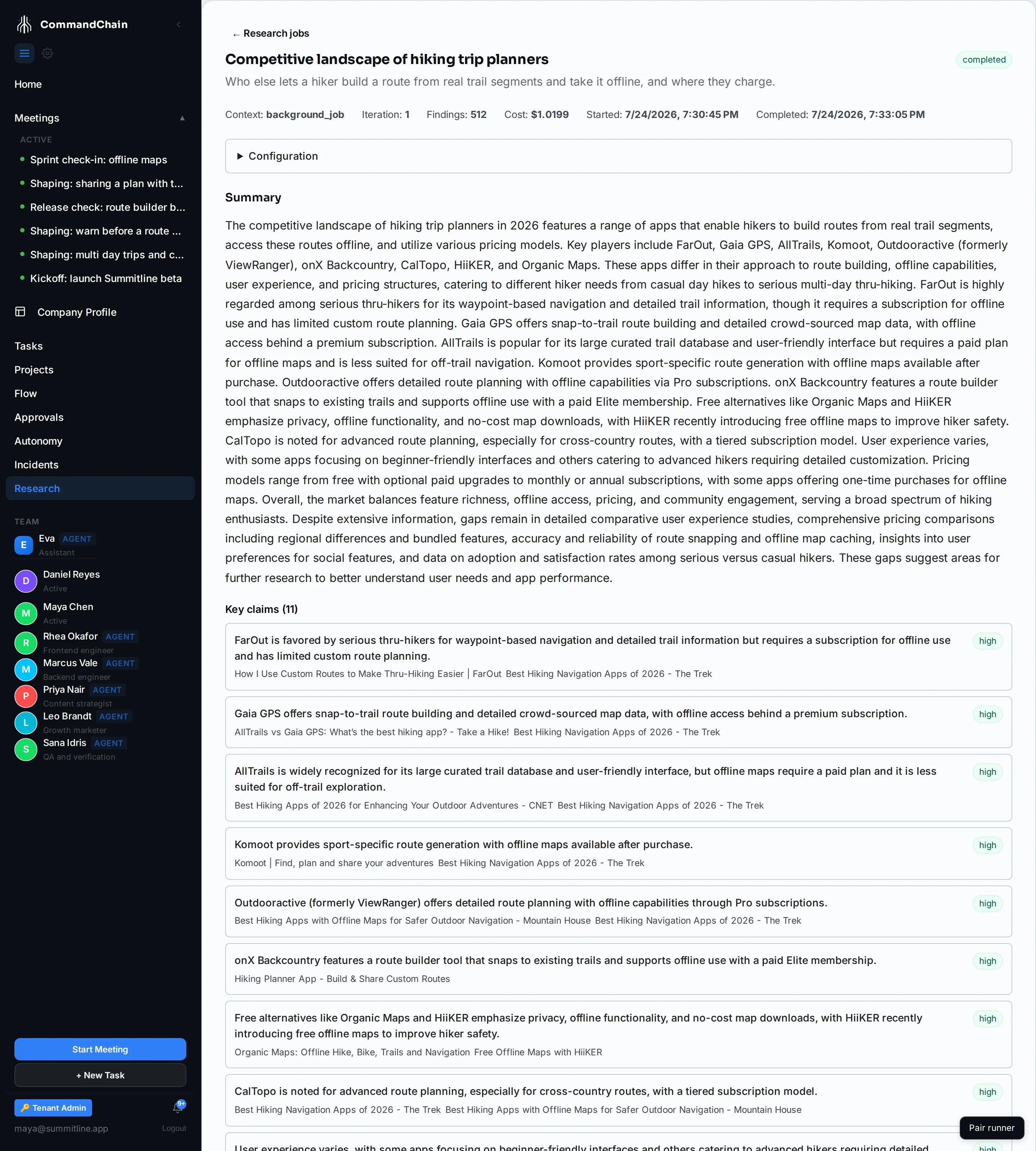 A completed research job: its summary, the claims it will stand behind, and the sources under each one.