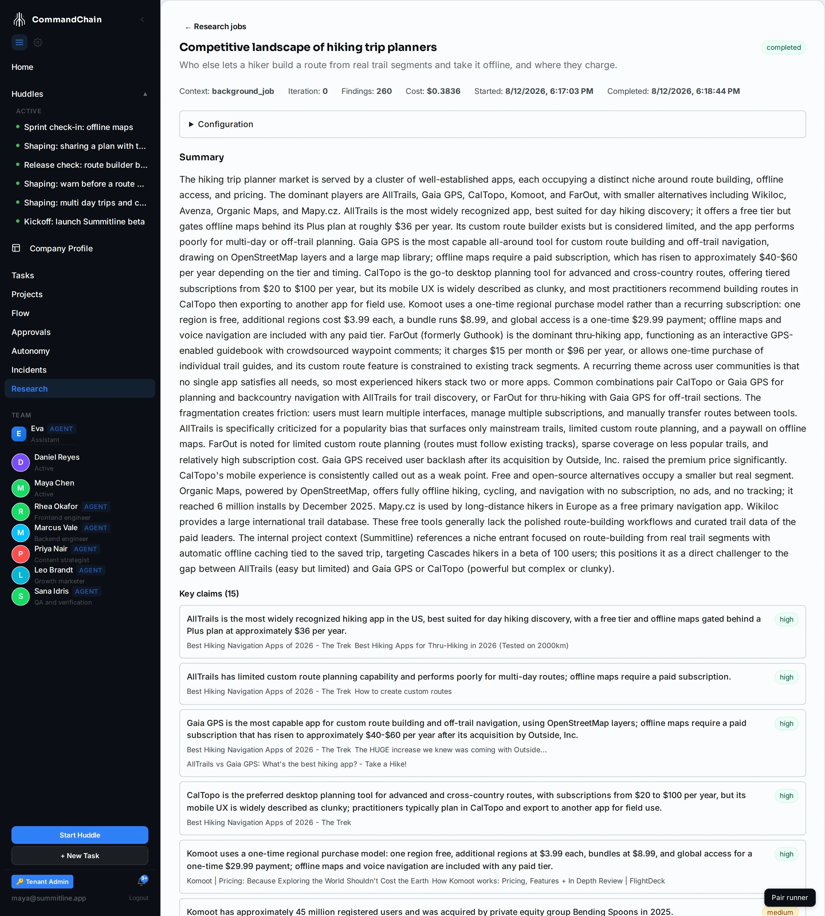 A completed research job: its summary, the claims it will stand behind, and the sources under each one.