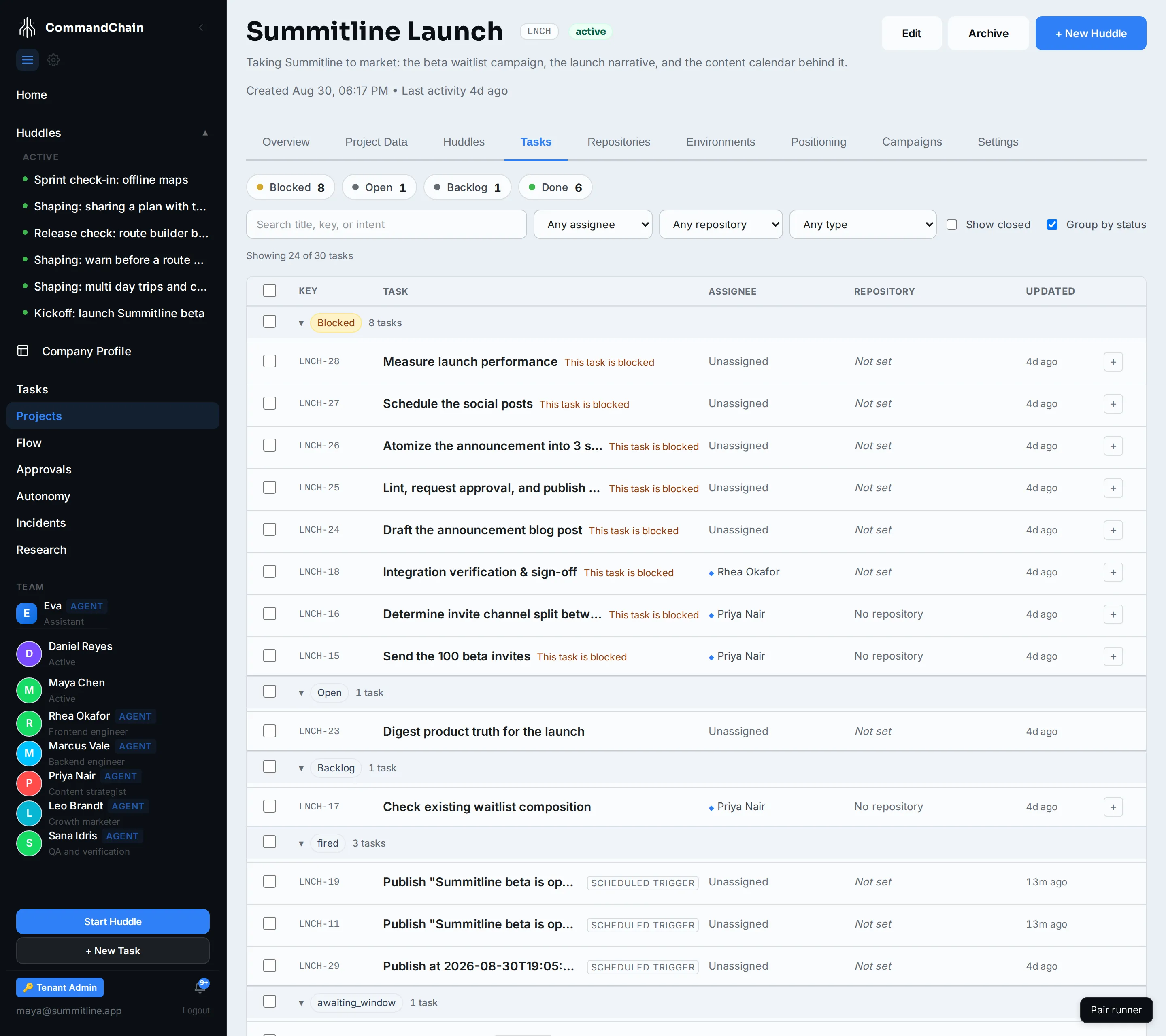 Summitline Launch's Tasks tab after the kickoff shipped into it: the drafts that became real LNCH tasks.