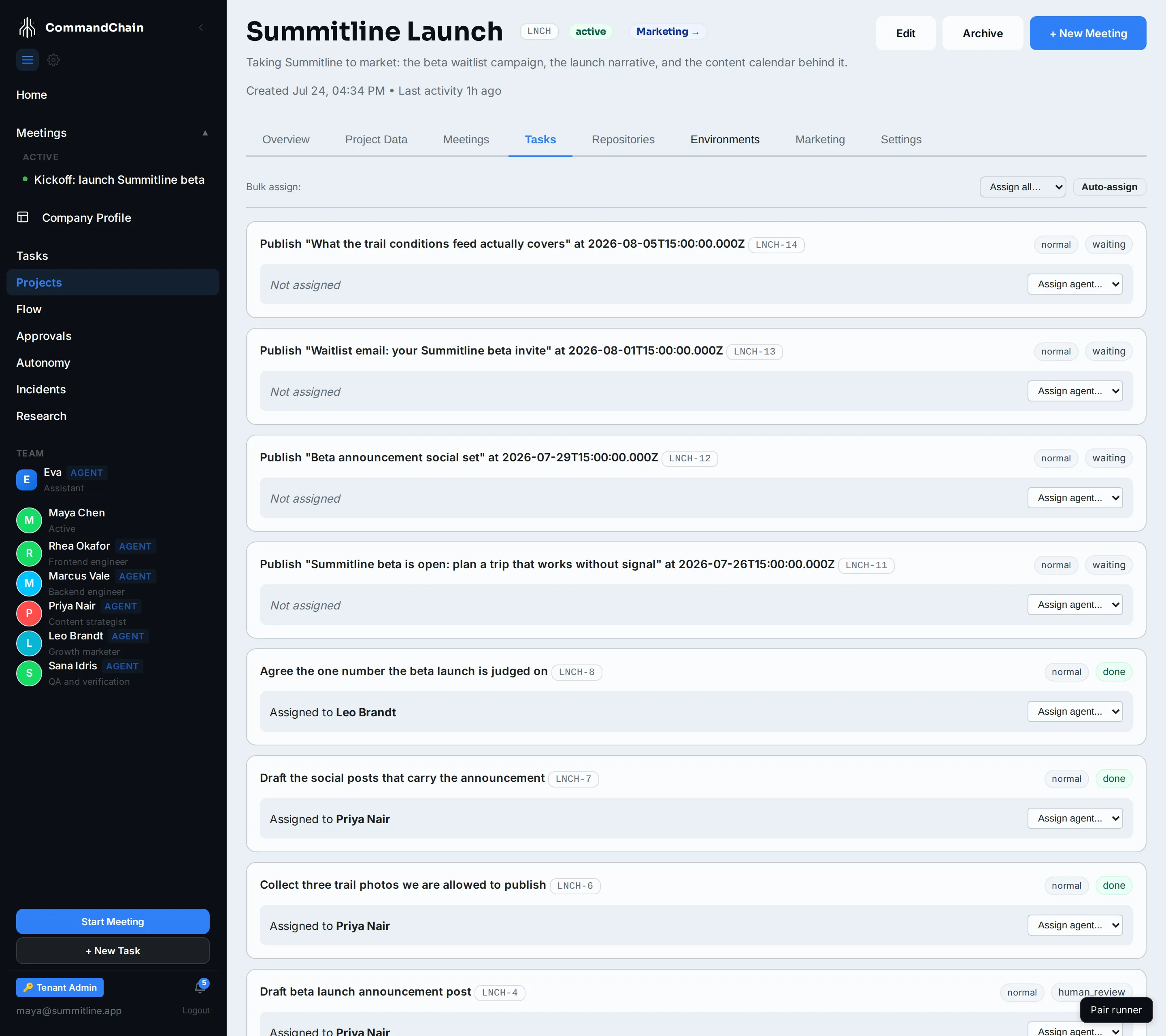 Summitline Launch's Tasks tab after the kickoff merged into it: the accepted drafts as real LNCH tasks.