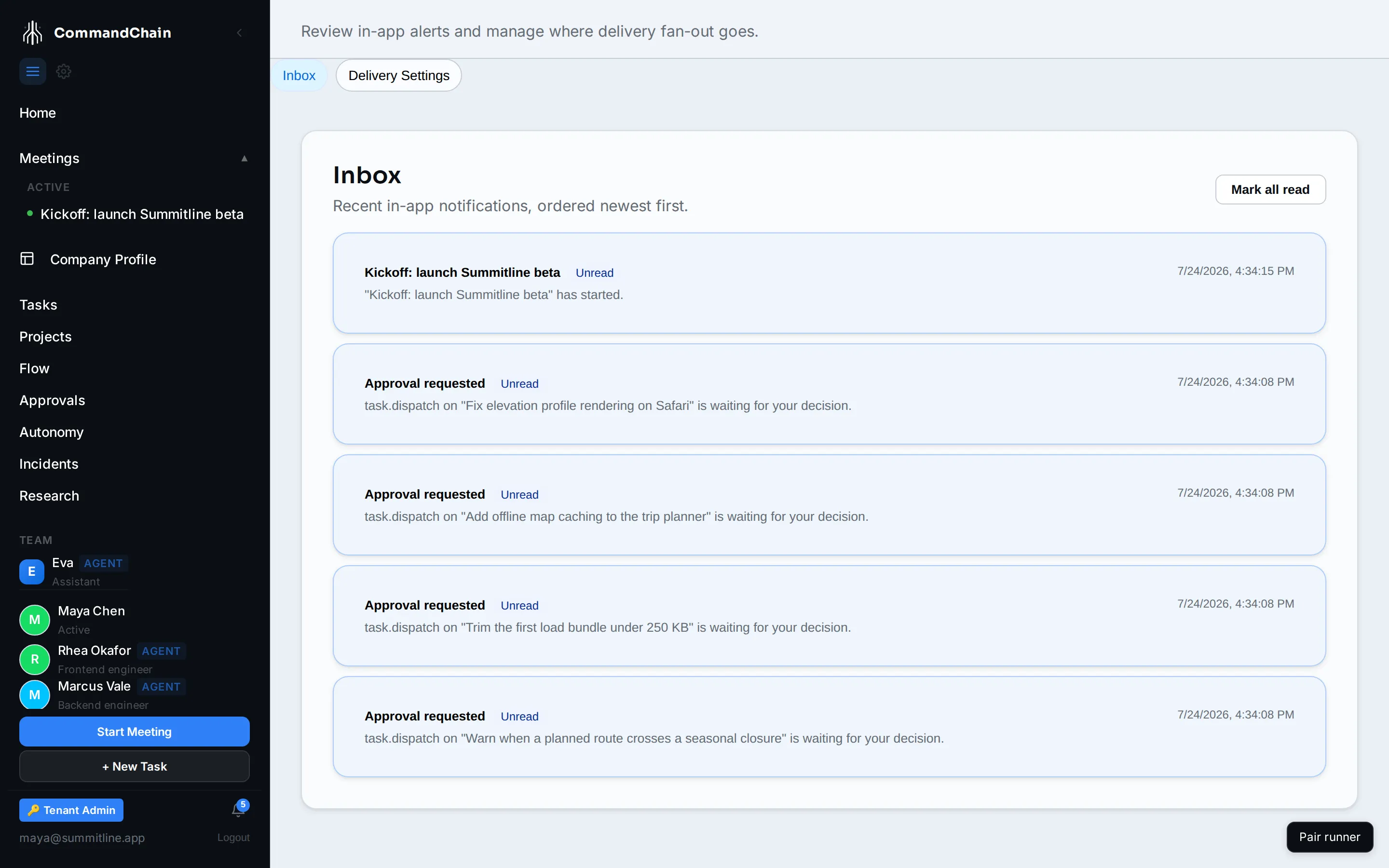 The notifications inbox for Maya, showing meeting and review notifications with their actions.