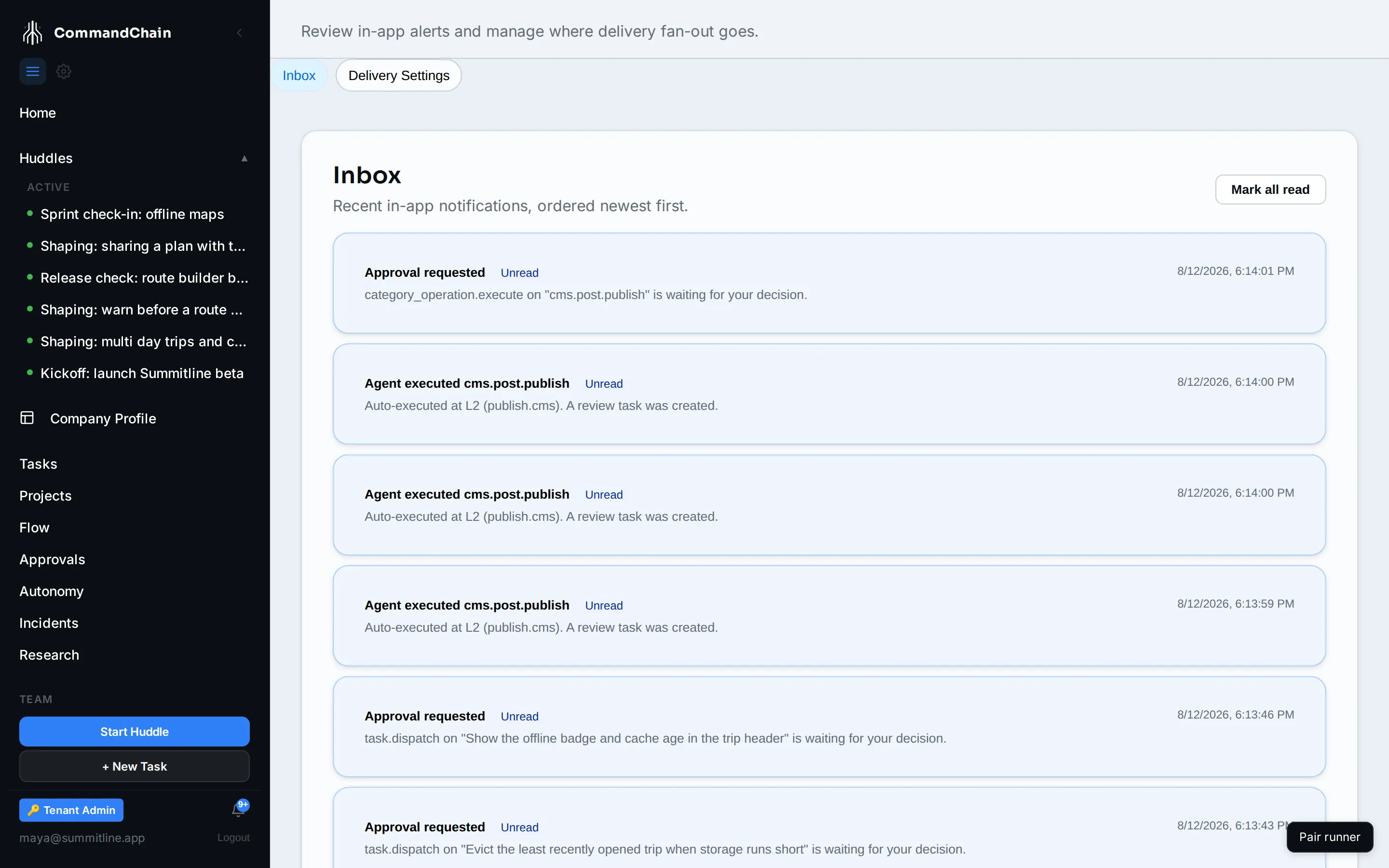 The notifications inbox for Maya, showing huddle and review notifications with their actions.