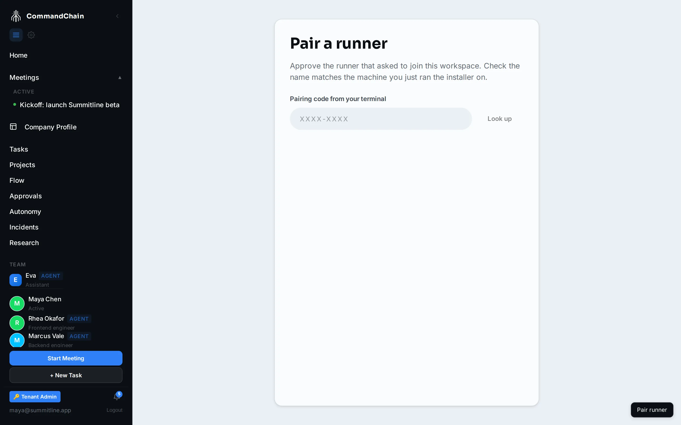 The pairing approval page, where you confirm the runner that asked to join your workspace.