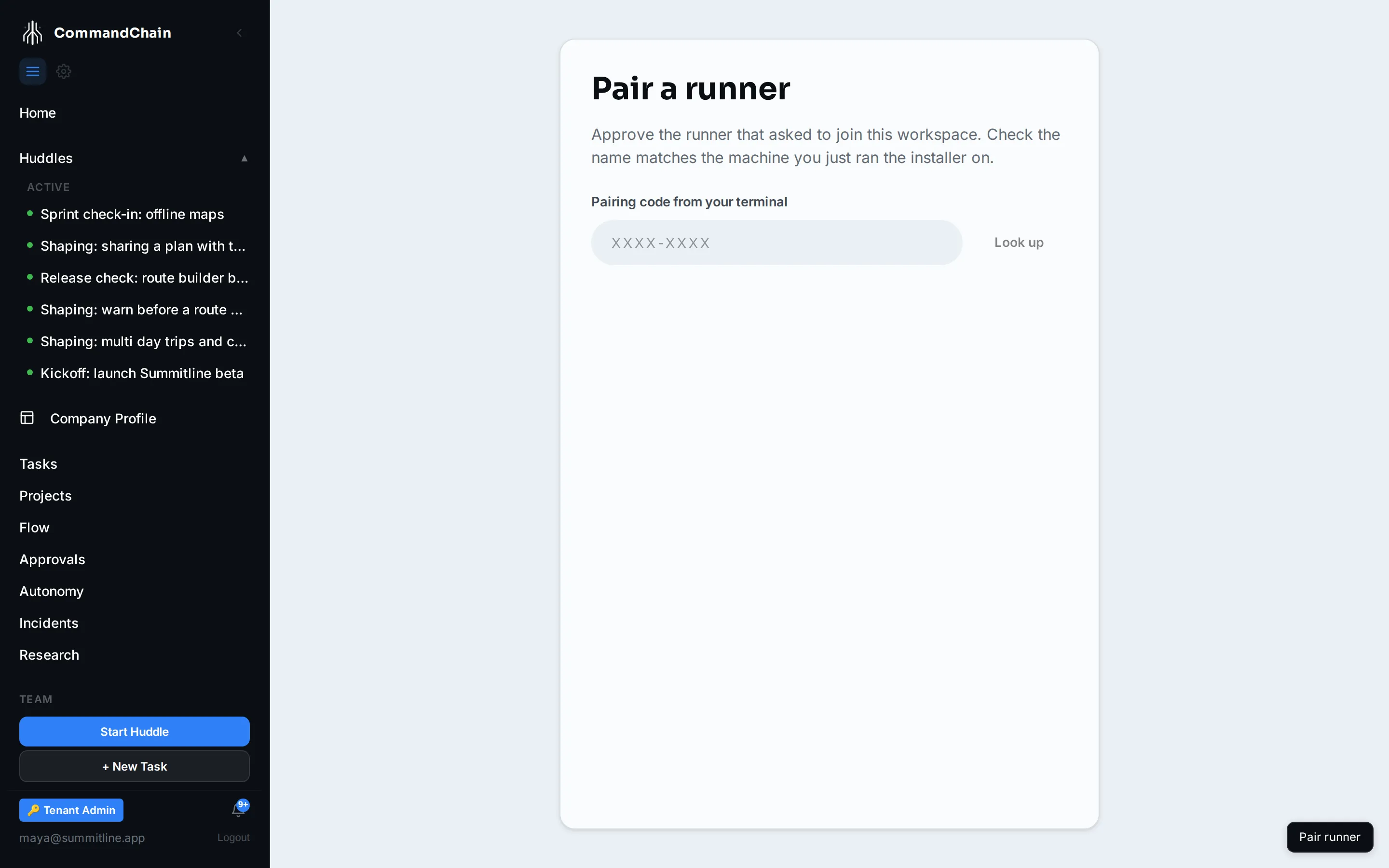 The pairing approval page, where you confirm the runner that asked to join your workspace.