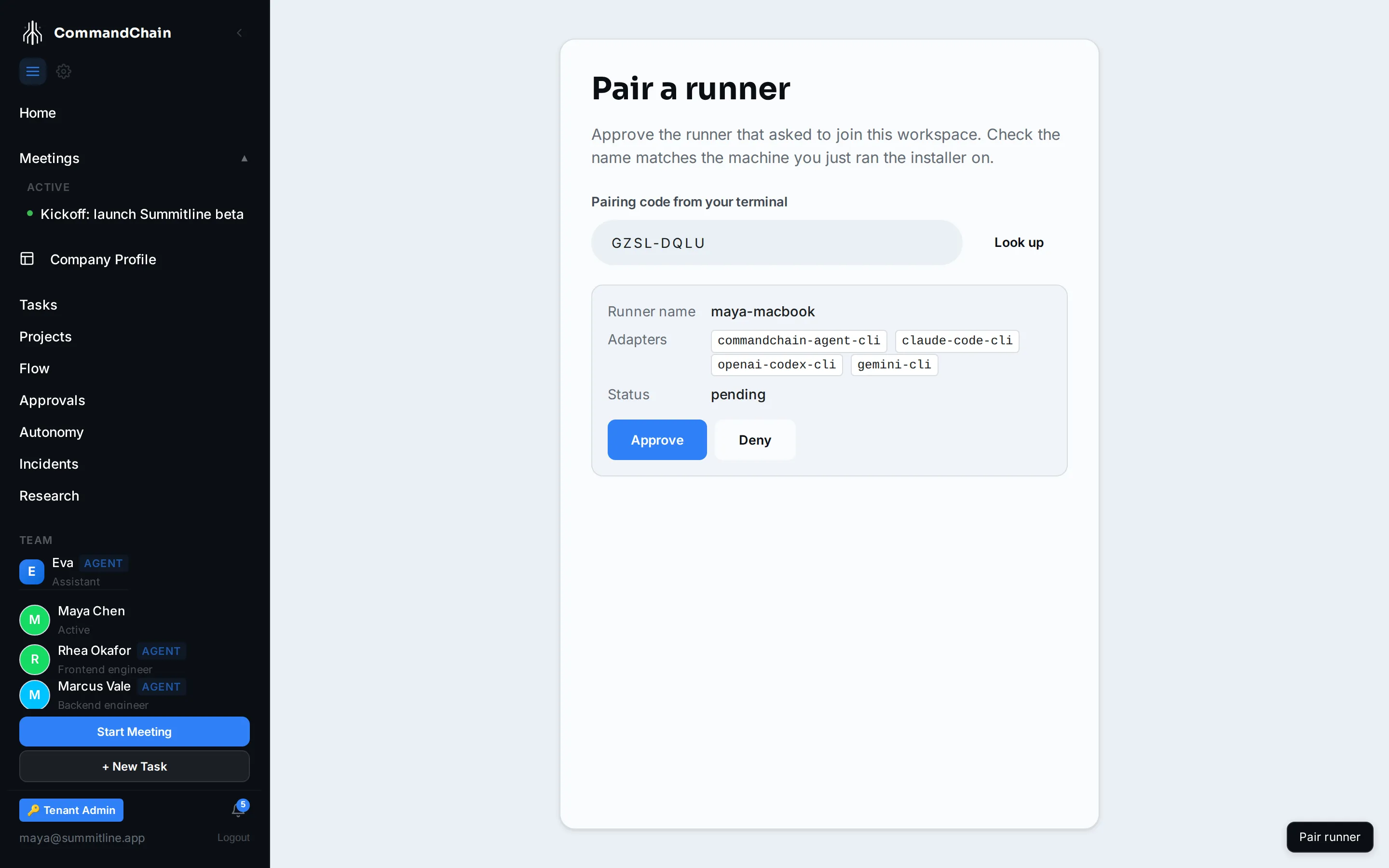 The pairing approval page, showing the runner name, its adapters, and the Approve and Deny buttons.