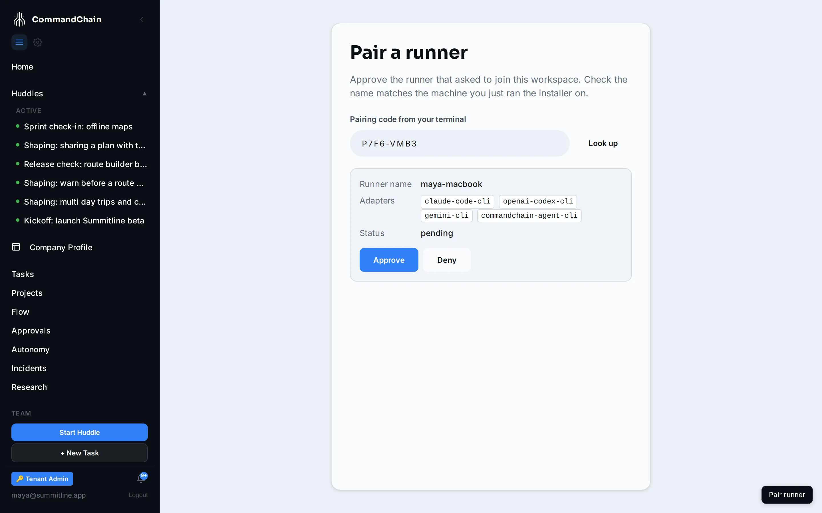 The pairing approval page, showing the runner name, its adapters, and the Approve and Deny buttons.