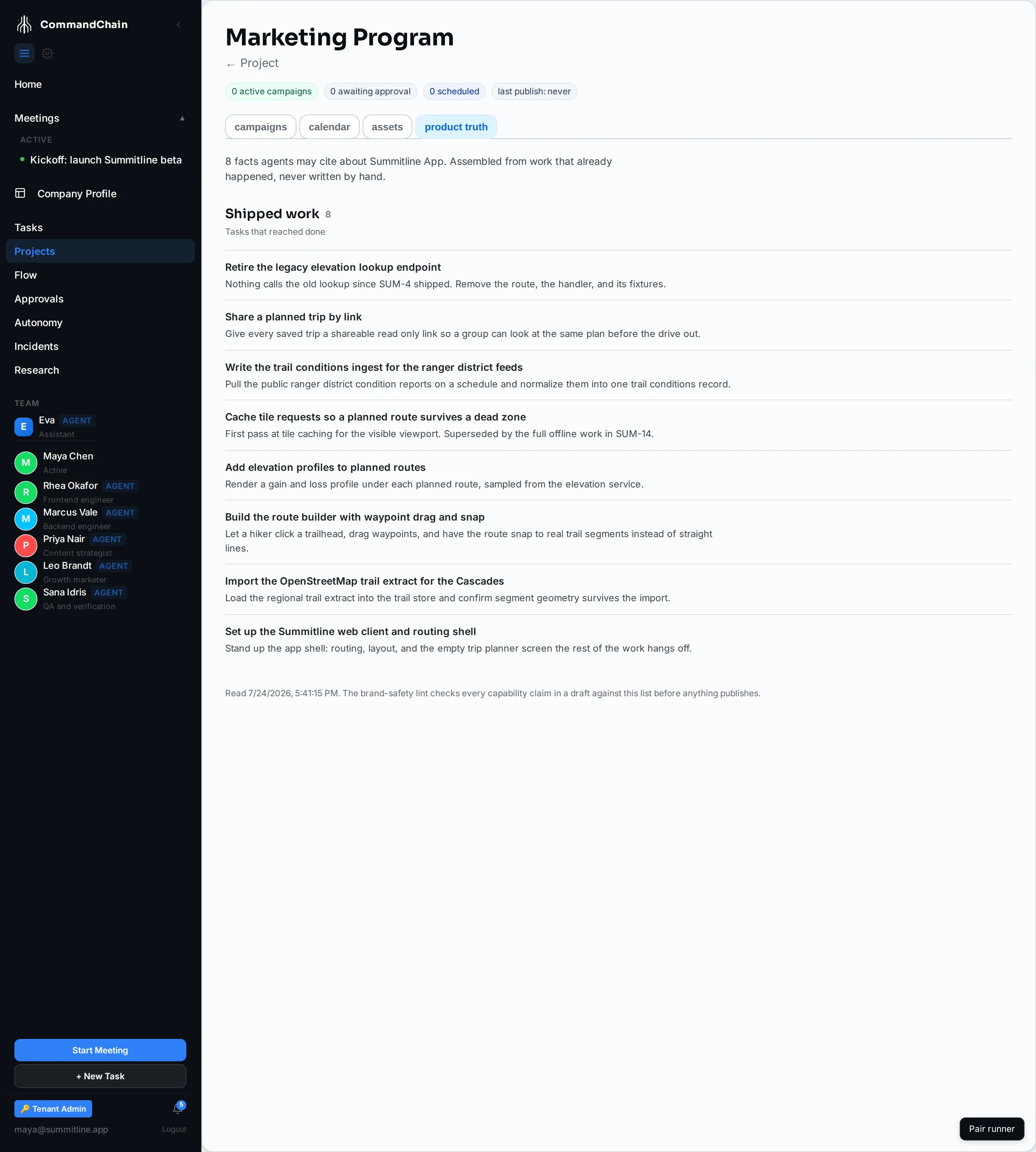 Product truth for the Summitline App project: thirteen shipped features and the repository behind them.