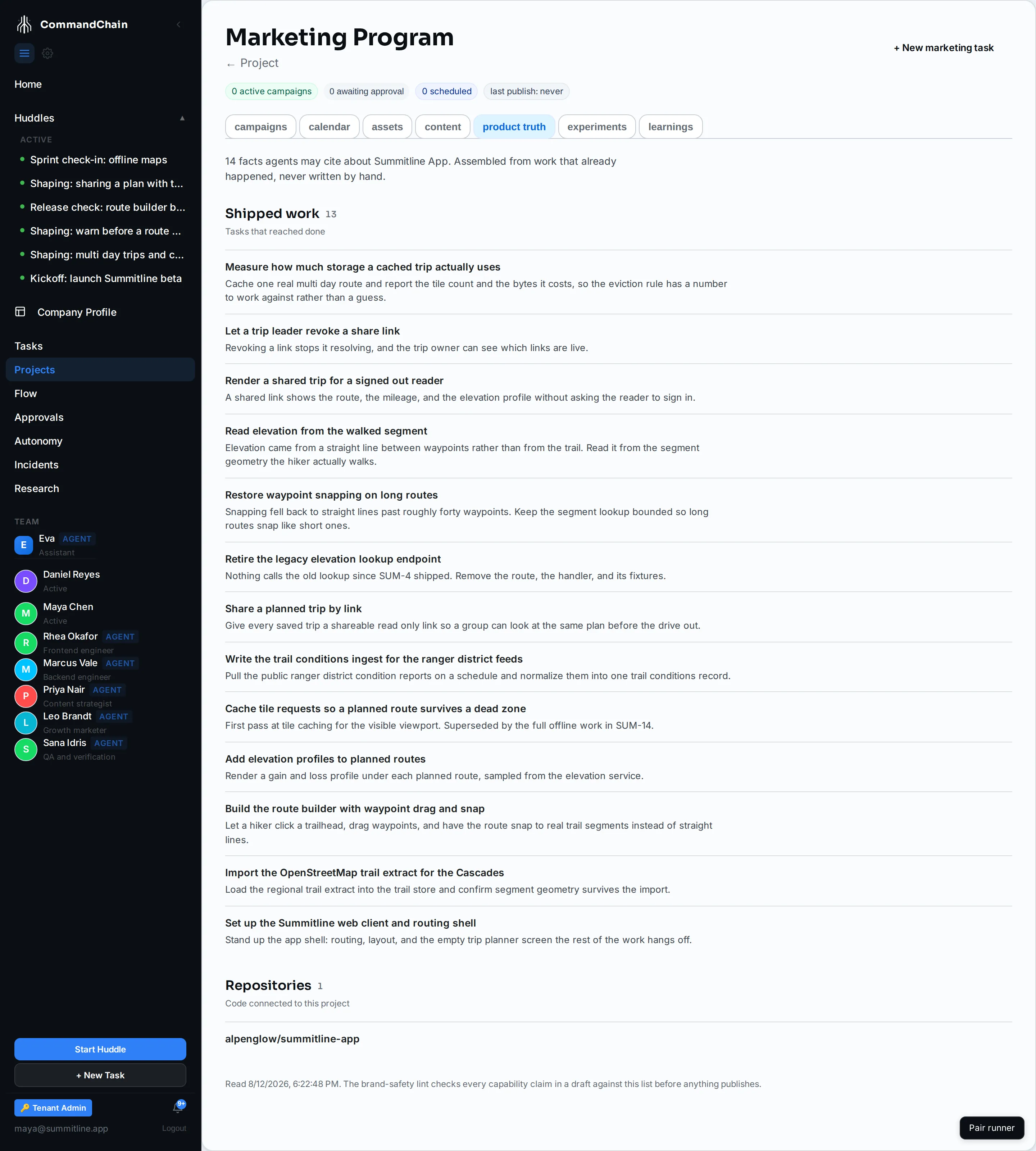 Product truth for the Summitline App project: thirteen shipped features and the repository behind them.