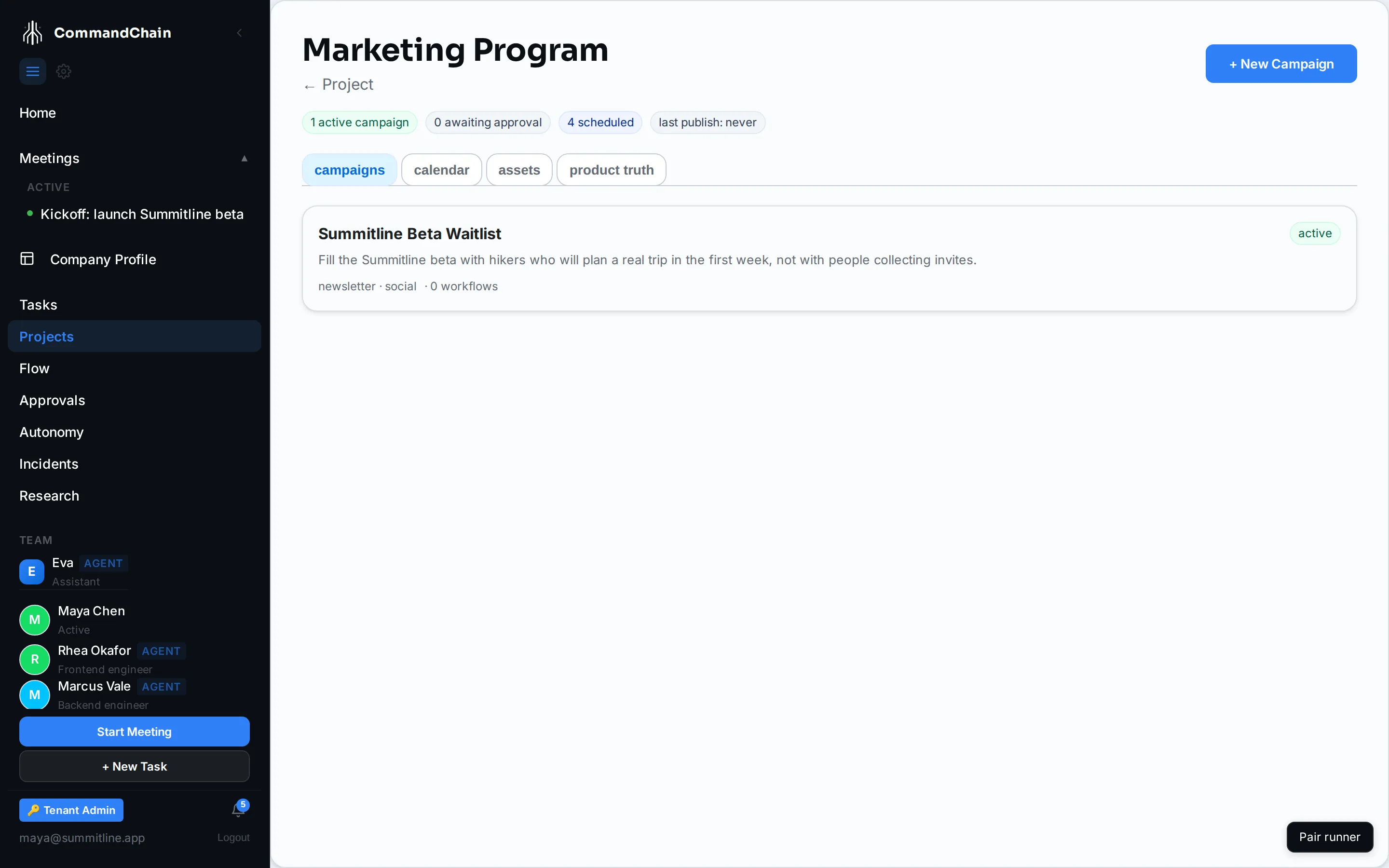 The marketing home for Summitline Launch, showing the loop-health strip and the beta waitlist campaign.