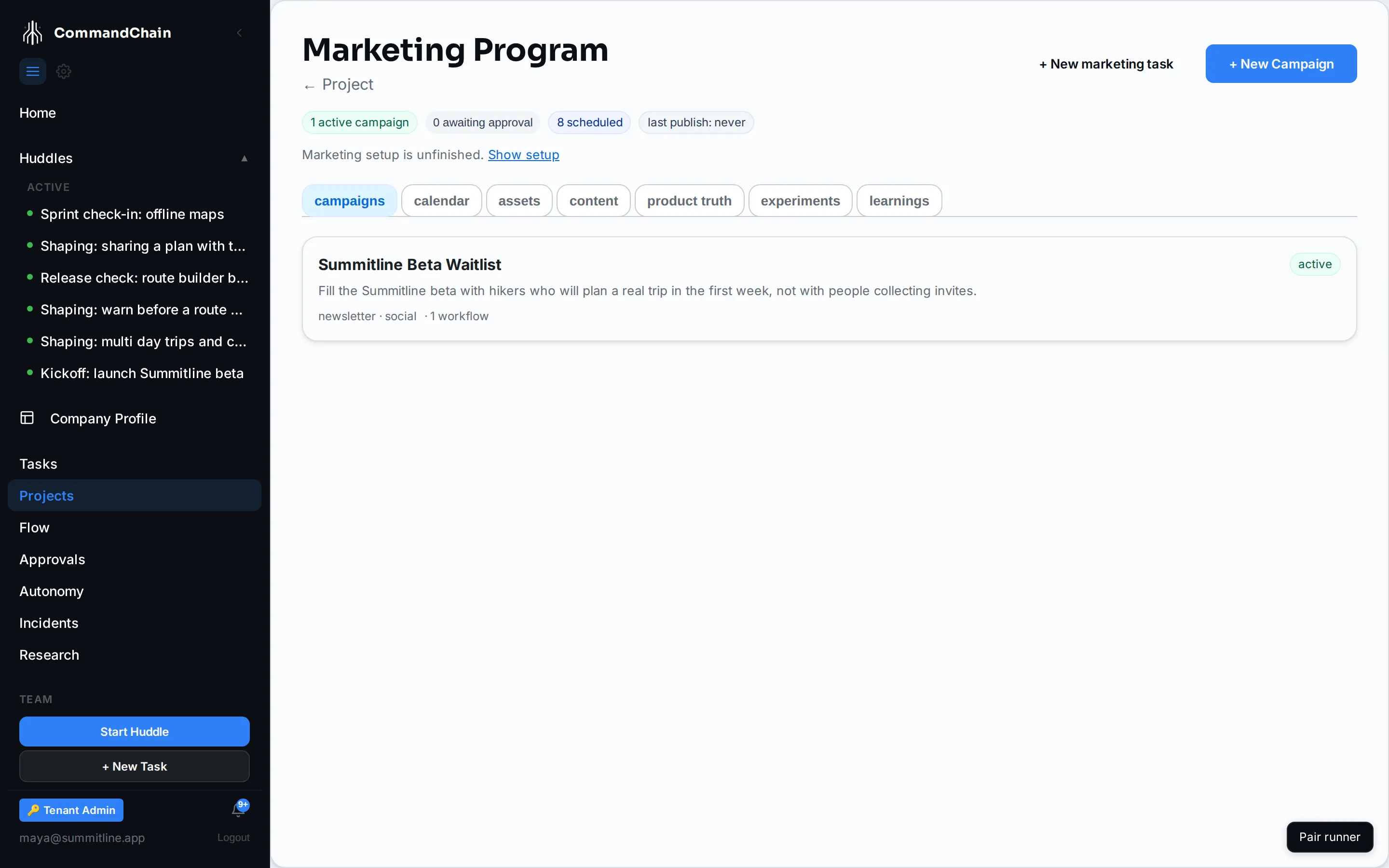 The marketing home for Summitline Launch, showing the loop-health strip and the beta waitlist campaign.