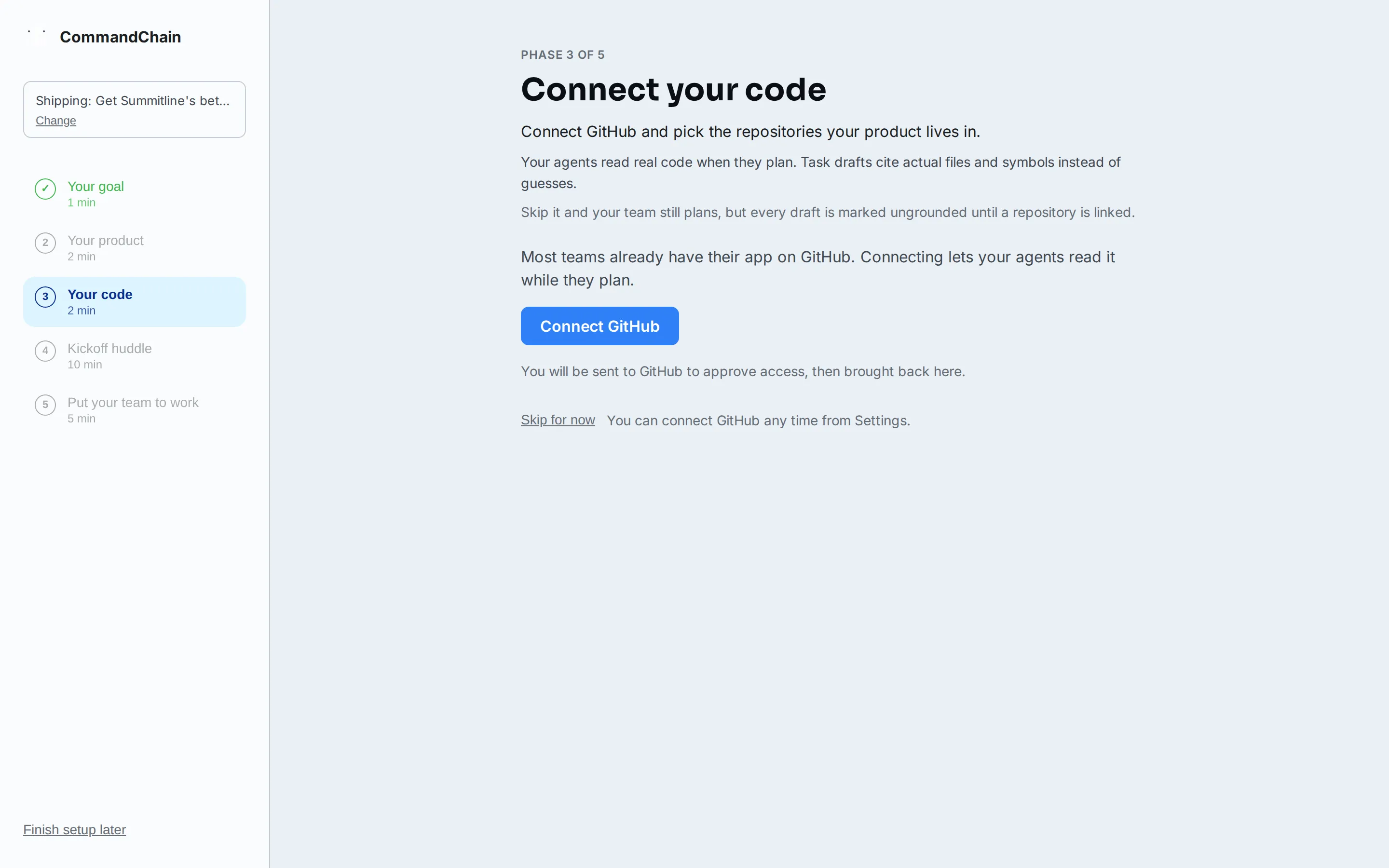 The Connect your code phase, offering Connect GitHub with a visible Skip for now.