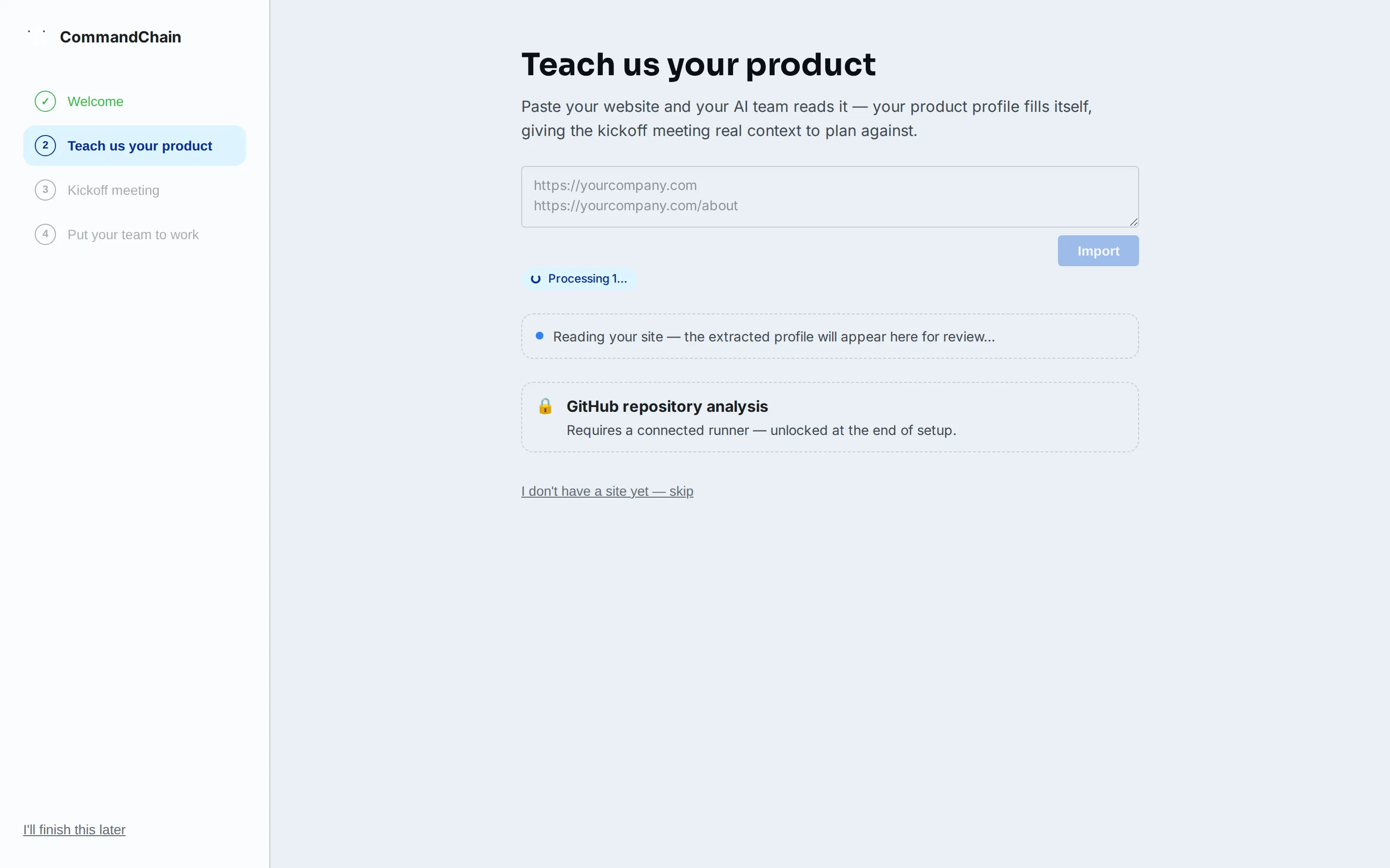The product step reading the imported site, with GitHub repository analysis shown but locked.