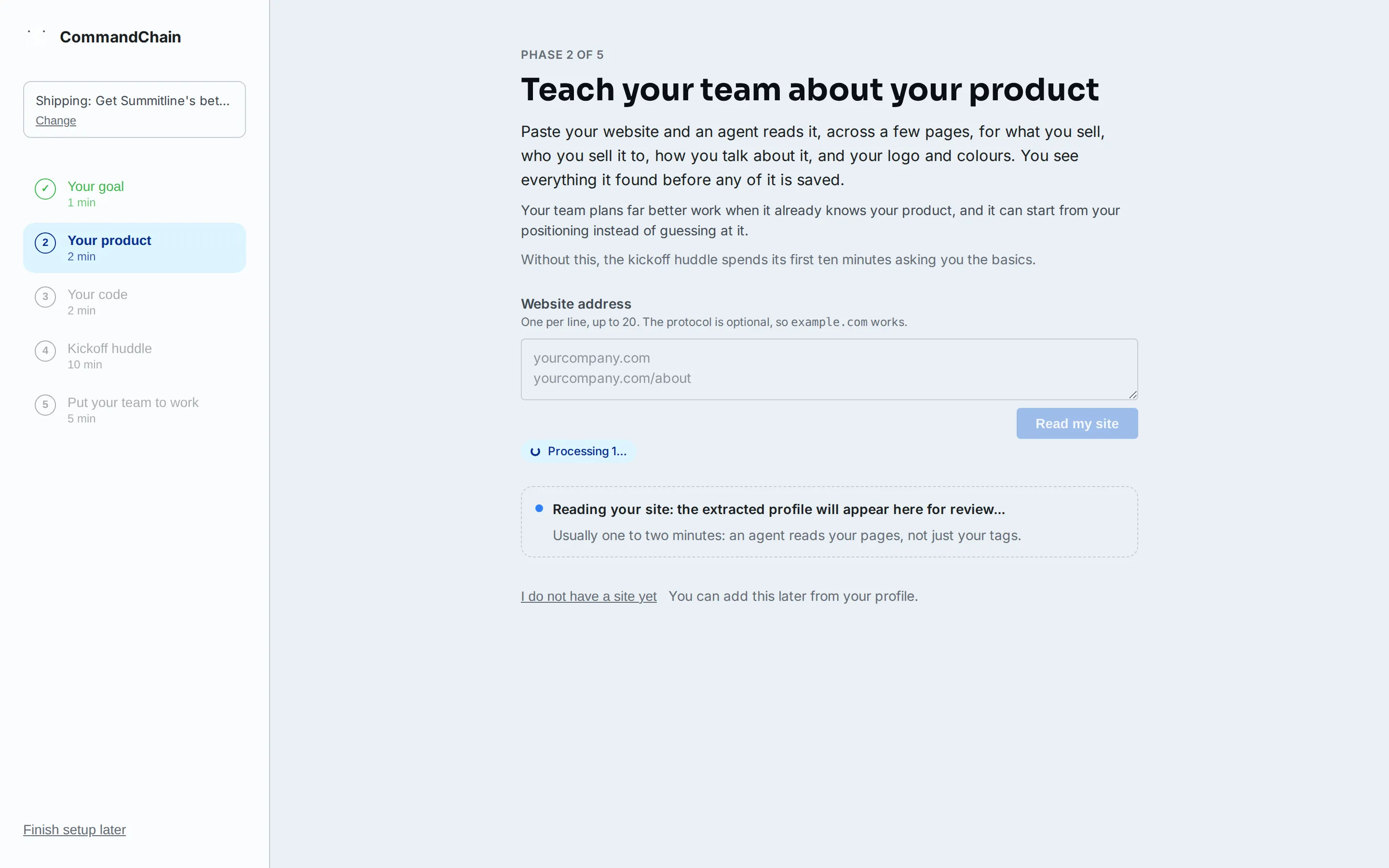 The product phase reading the imported site and proposing what it learned.