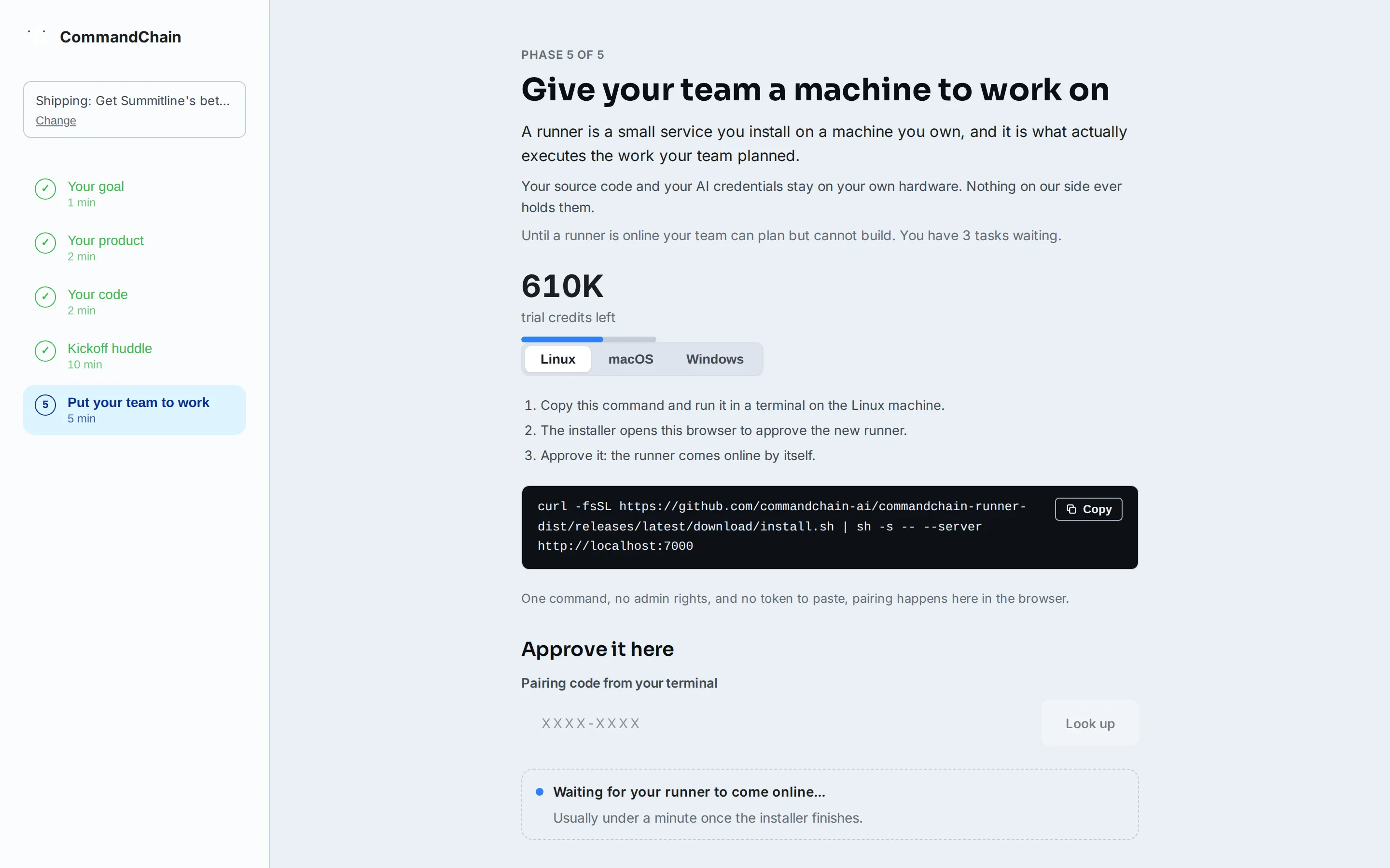 The last phase of setup: the install one-liner, the work waiting on a runner, and the trial credits meter.