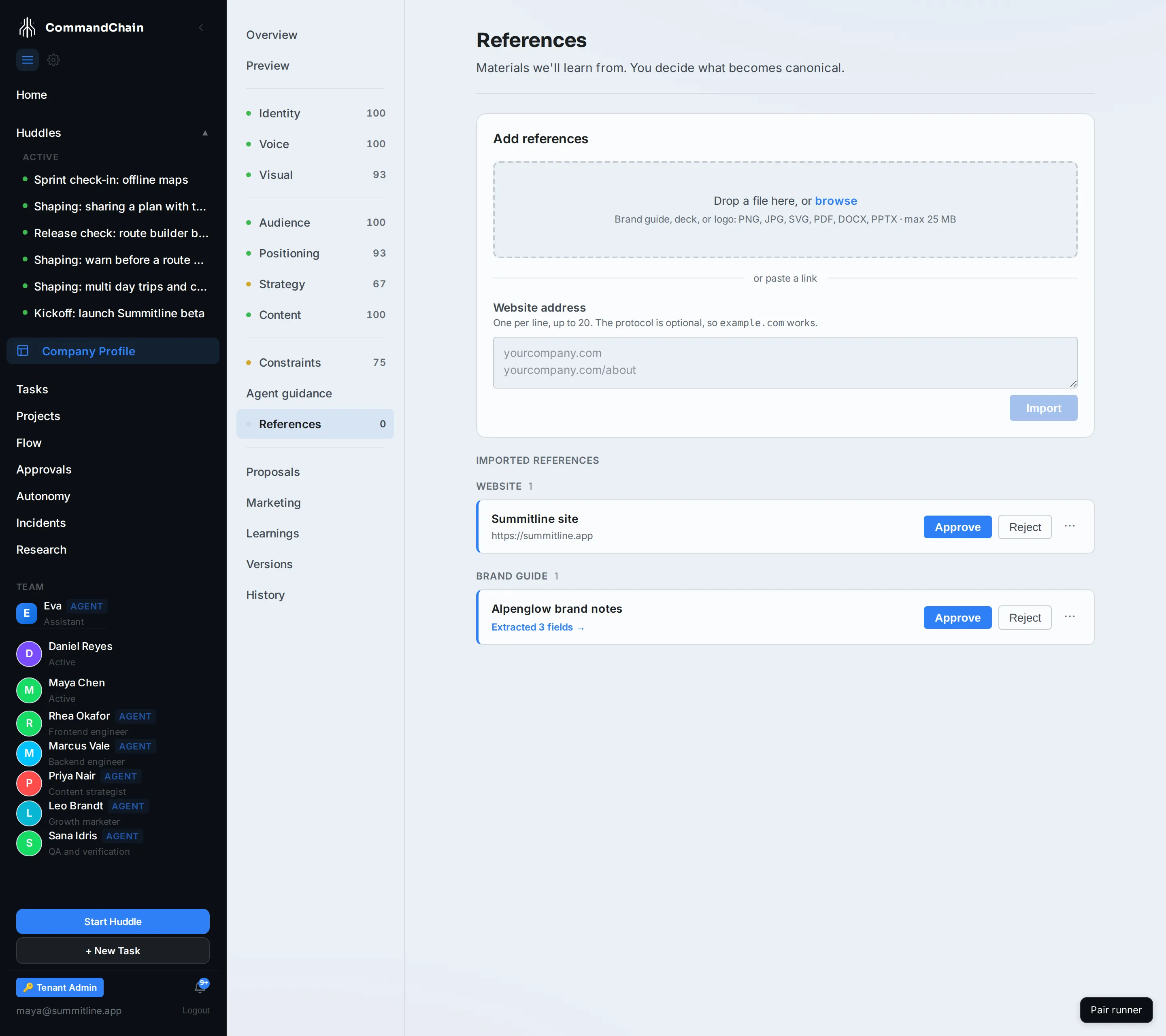 The References tab with the site and the uploaded brand notes, and the ingestion that read them.