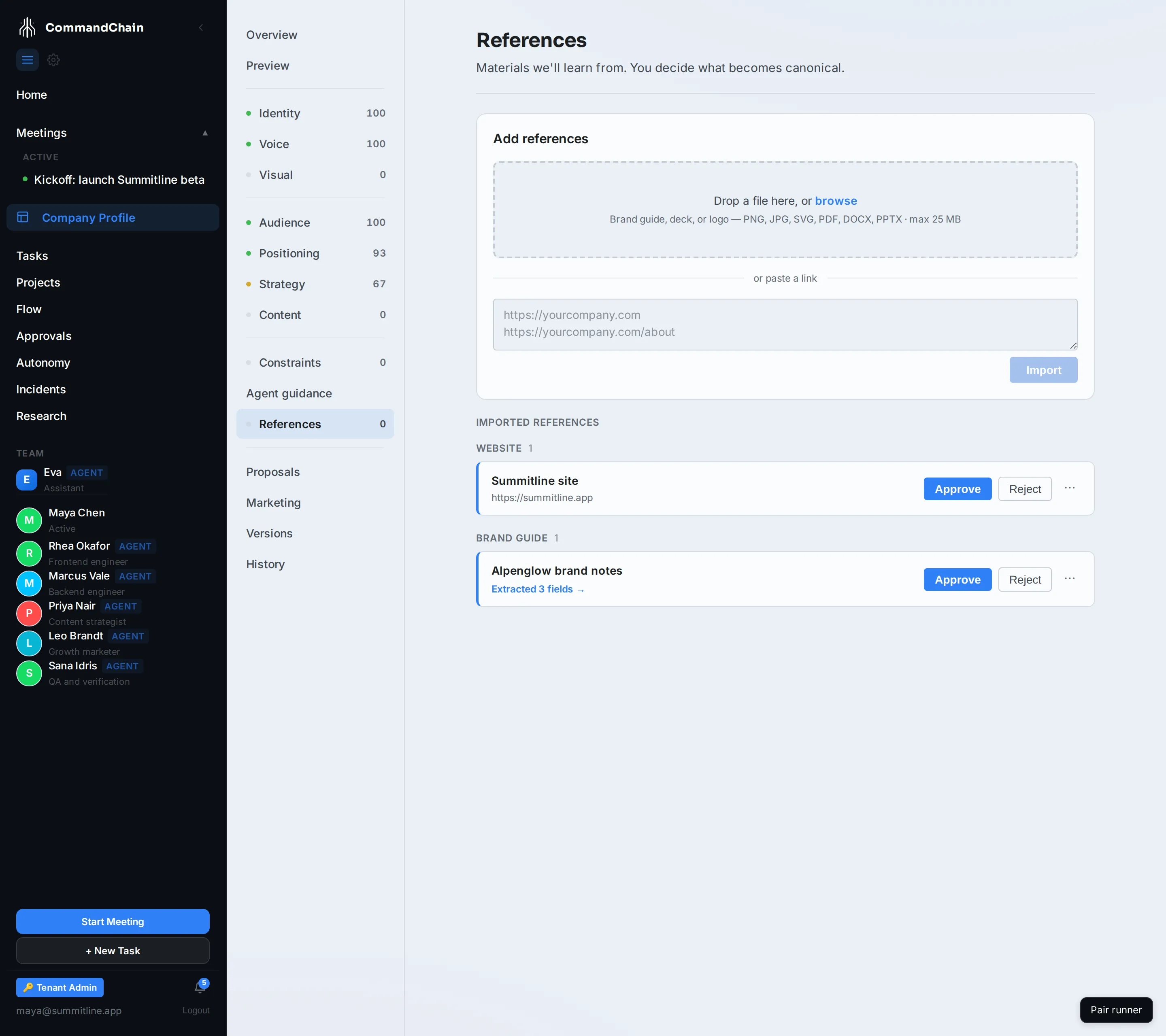 The References tab with the site and the uploaded brand notes, and the ingestion that read them.