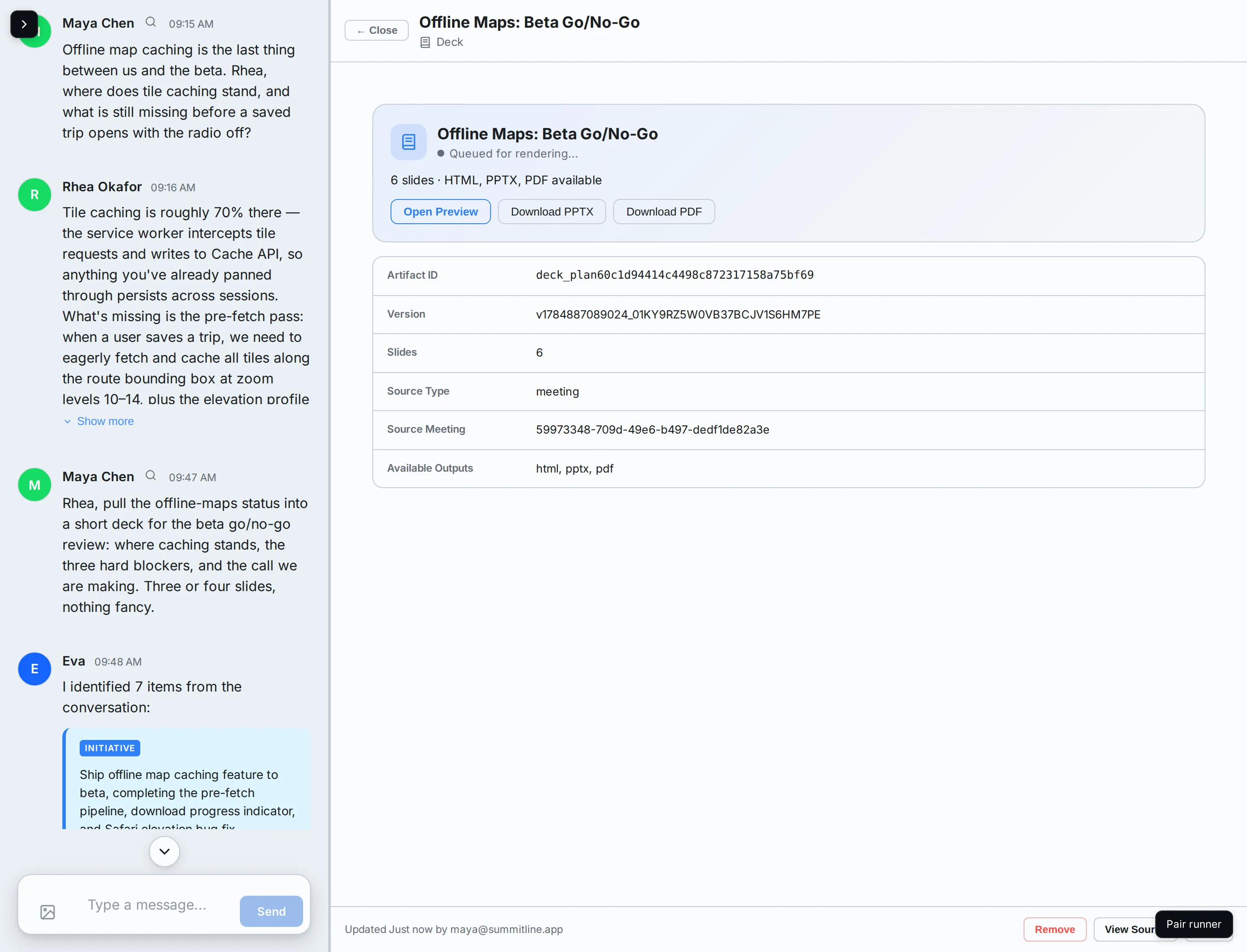 A deck render in flight in the meeting's artifact pane, before the outputs come back.