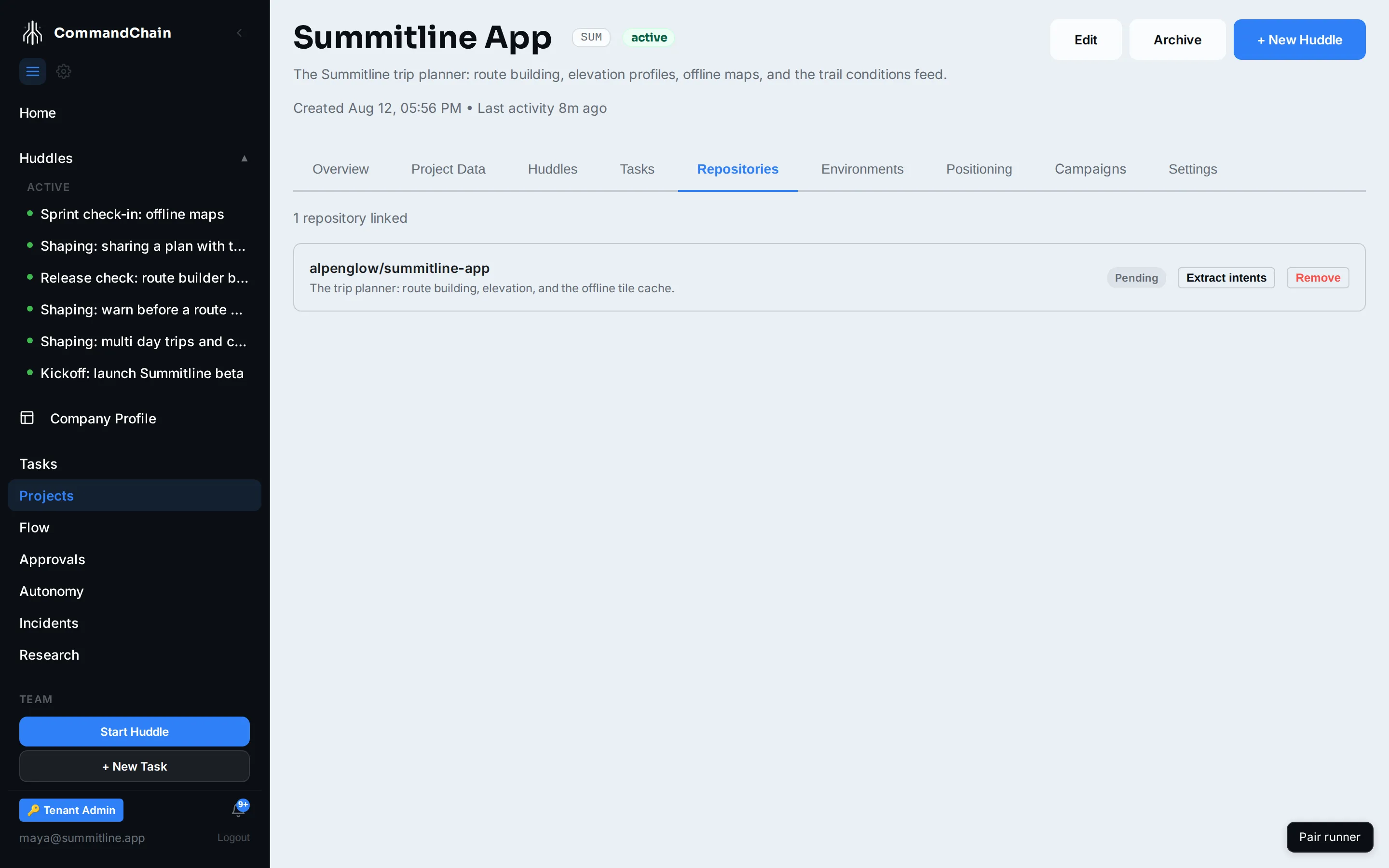 The Summitline App project's Repositories tab, with the summitline-app repository attached and its index status.