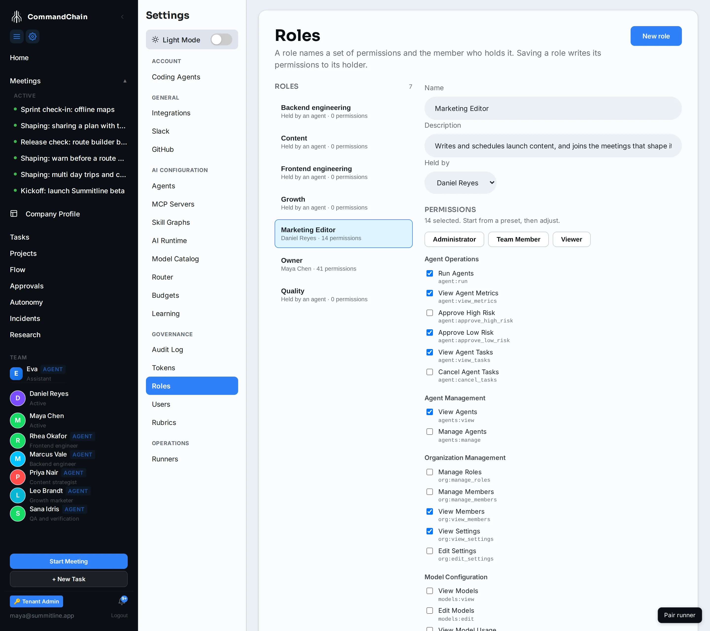 The roles list with Marketing Editor open, showing its holder and the fourteen permissions it grants.
