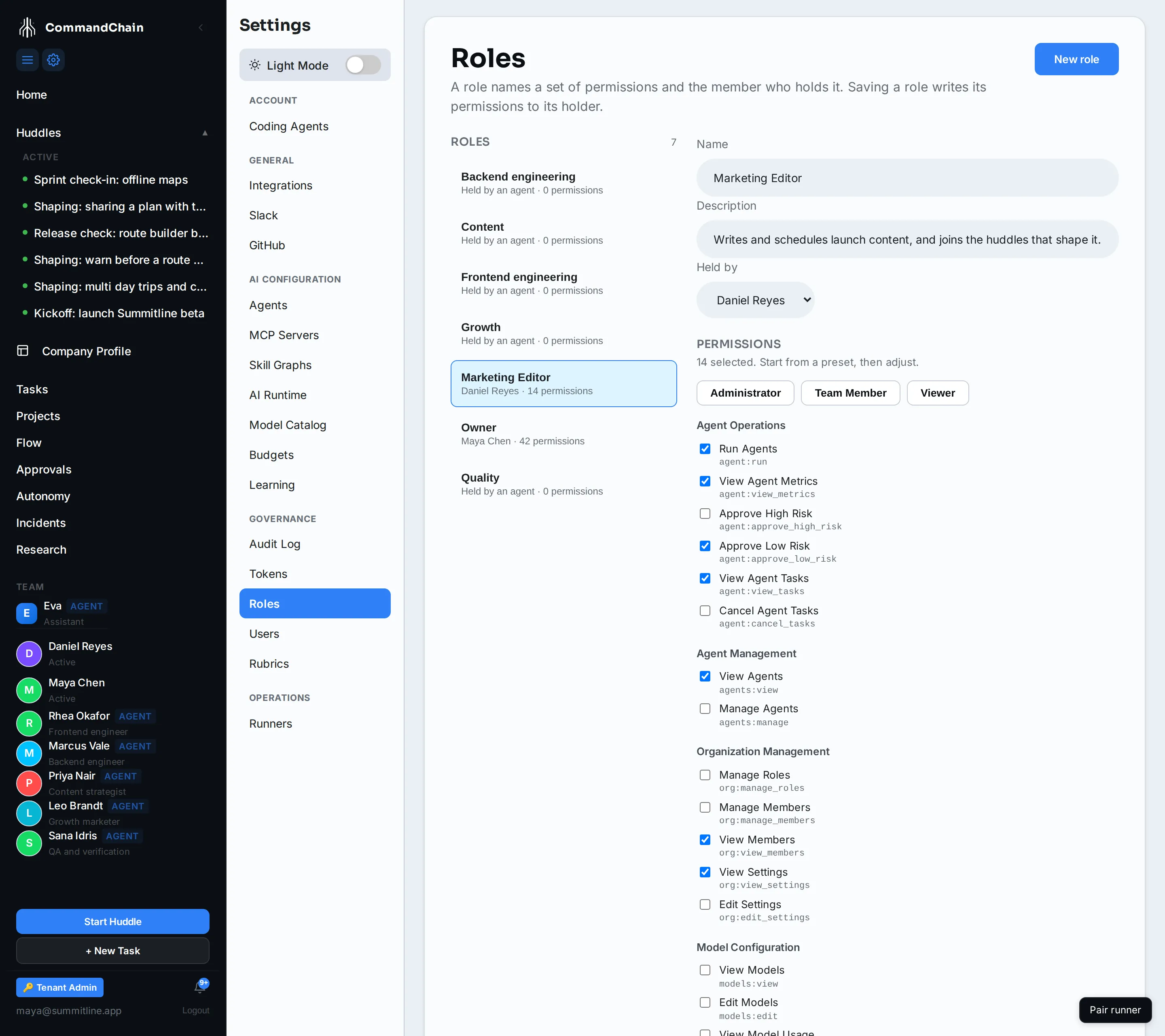 The roles list with Marketing Editor open, showing its holder and the fourteen permissions it grants.